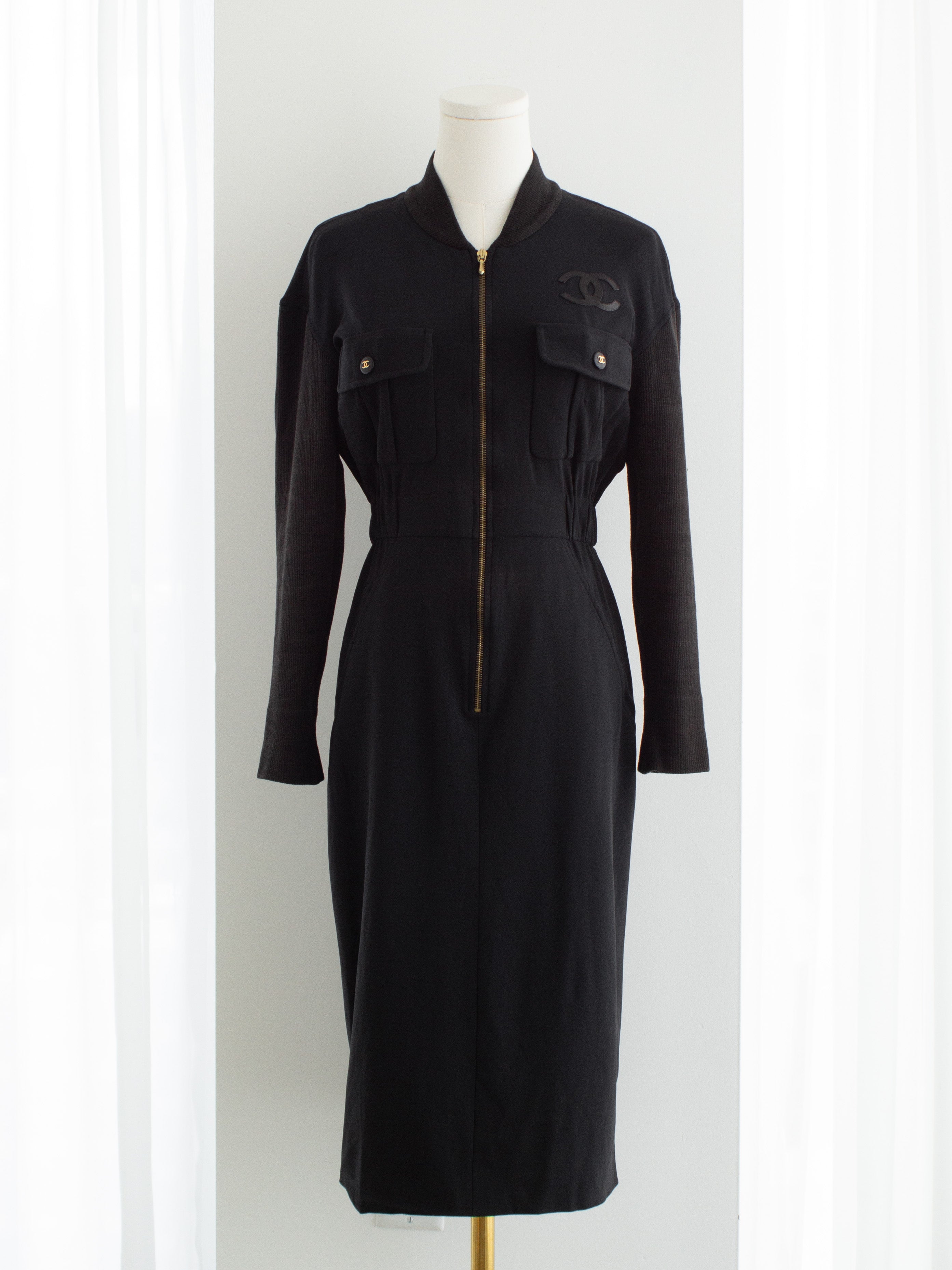 Chanel Vintage S/S 1992 Karl Black CC Knit Zip Knee Length 90s Dress