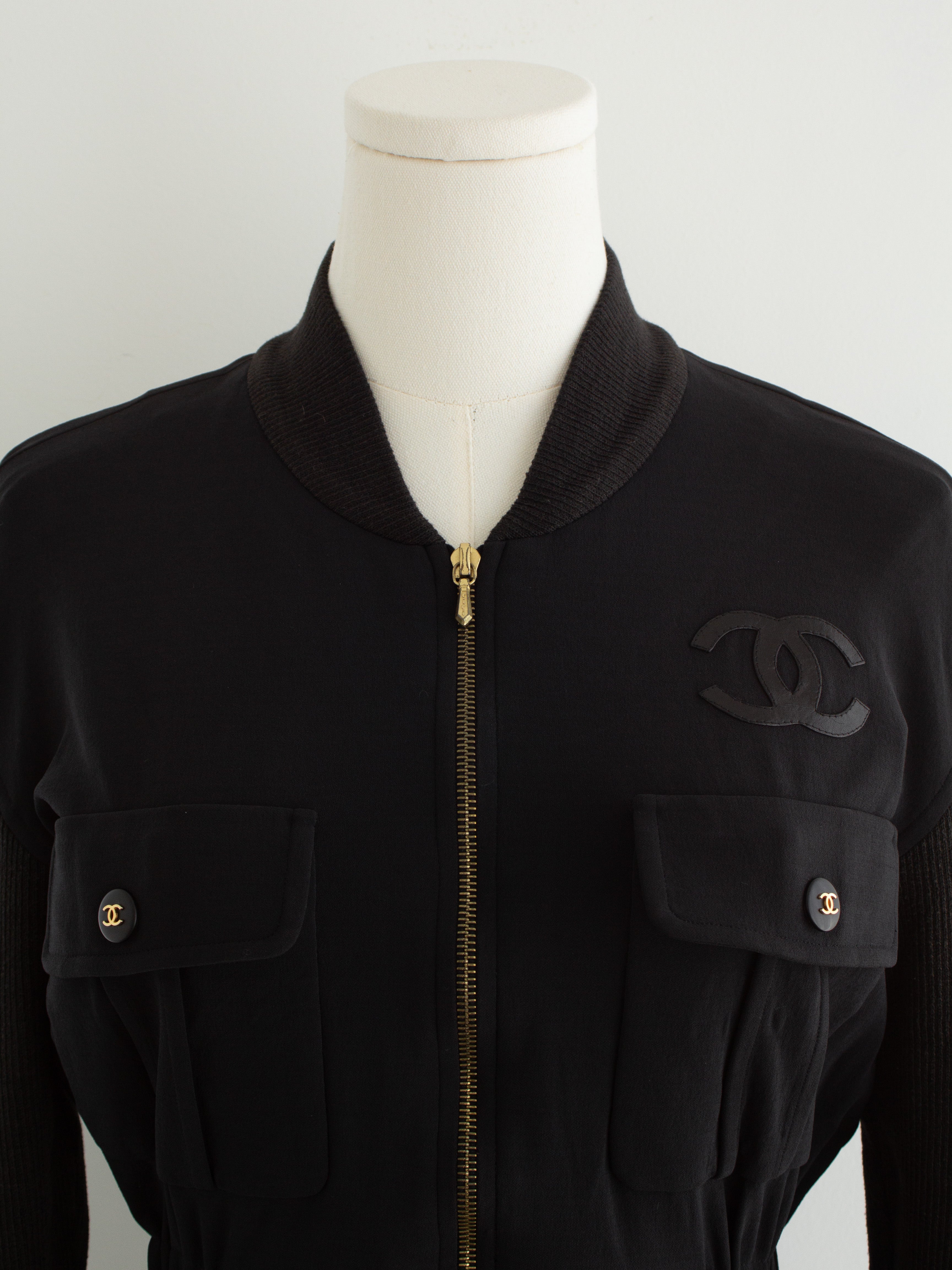 Chanel Vintage S/S 1992 Karl Black CC Knit Zip Knee Length 90s Dress