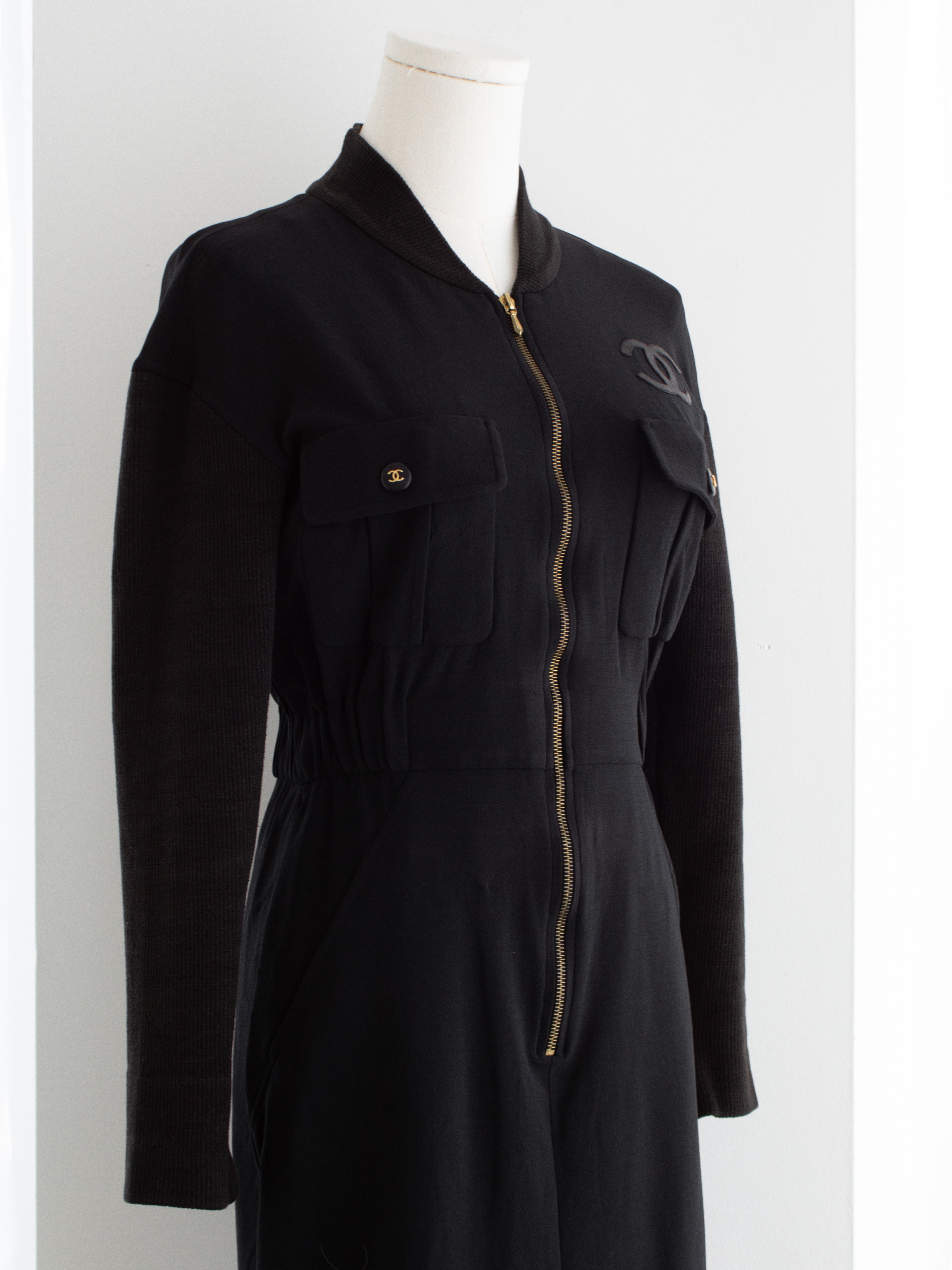 Chanel Vintage S/S 1992 Karl Black CC Knit Zip Knee Length 90s Dress