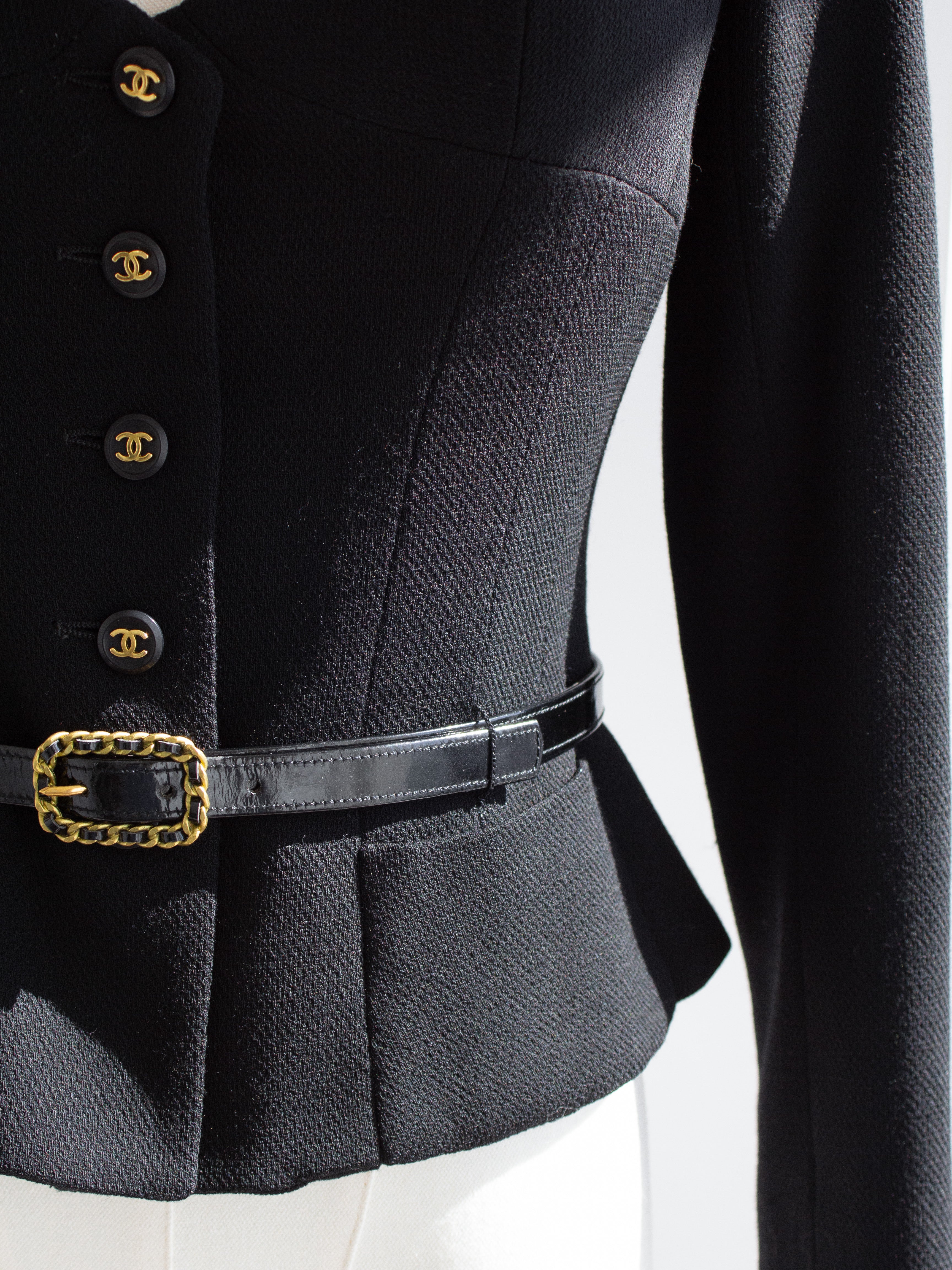 Chanel Vintage S/S 1995 Barbie Black Gold CC Sweetheart Cropped 95P Belted Jacket 