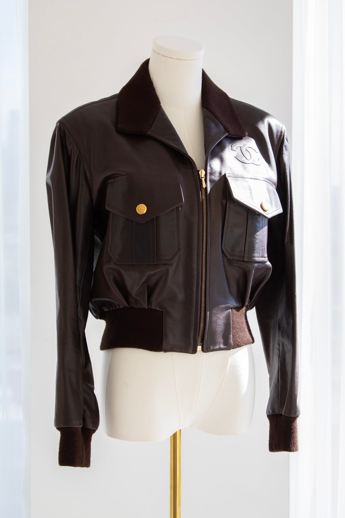 Chanel Spring/Summer 1992 Brown Lambskin Leather Bomber Jacket