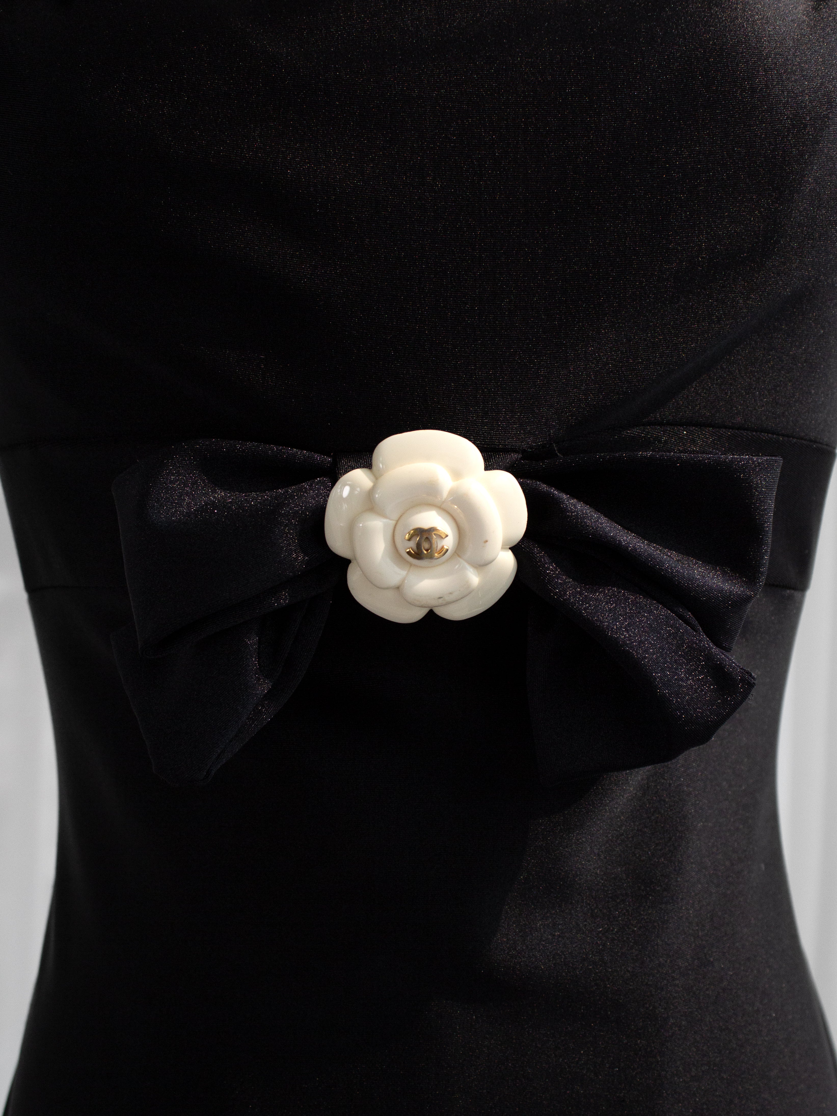Chanel Vintage Spring/Summer 1990 Black White Camellia Flower Bow Onepiece Bodysuit Swimsuit