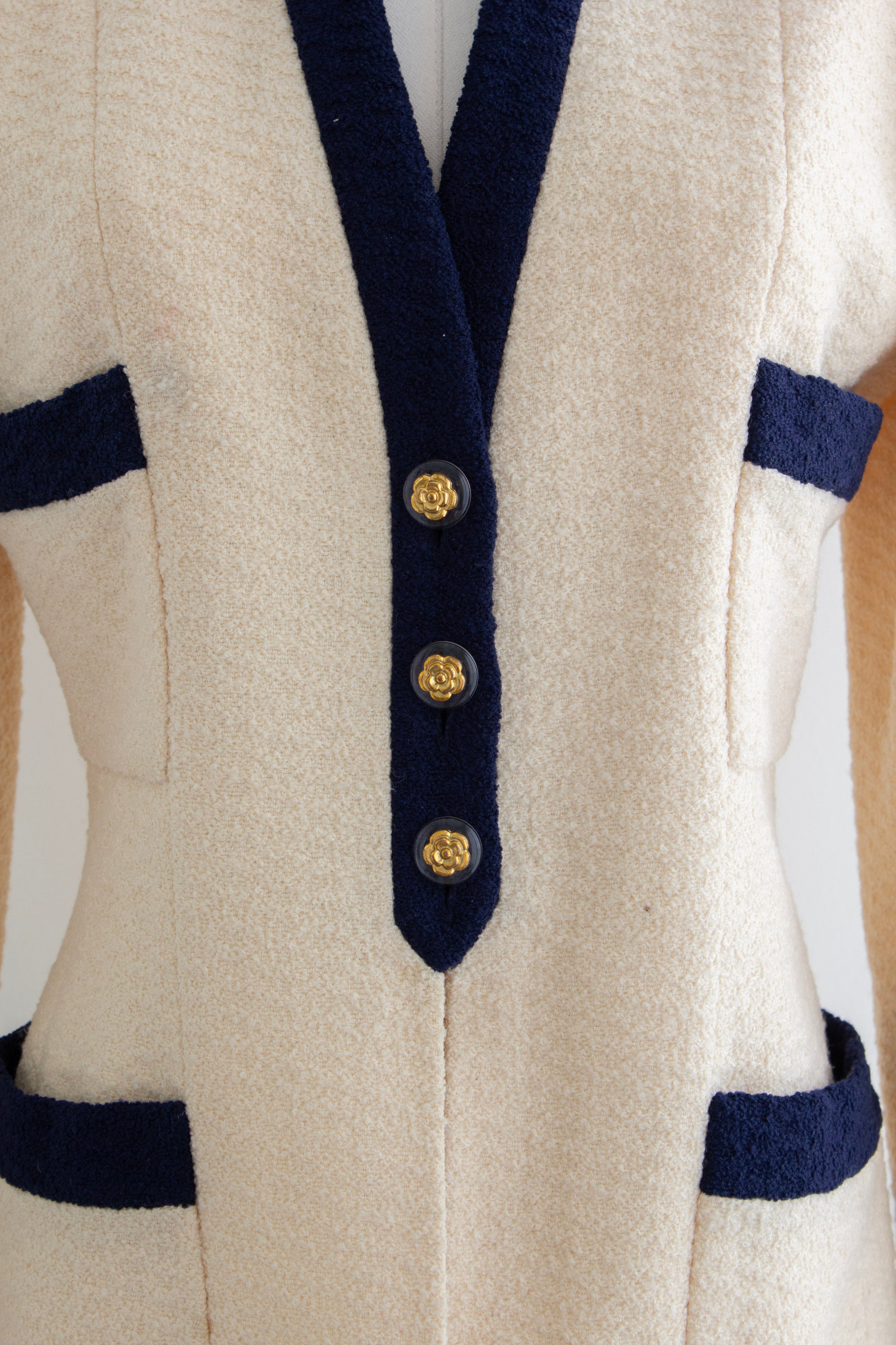 Chanel Vintage S/S 1992 Runway Cream Navy Lucite Gold Camellia Wool Jacket