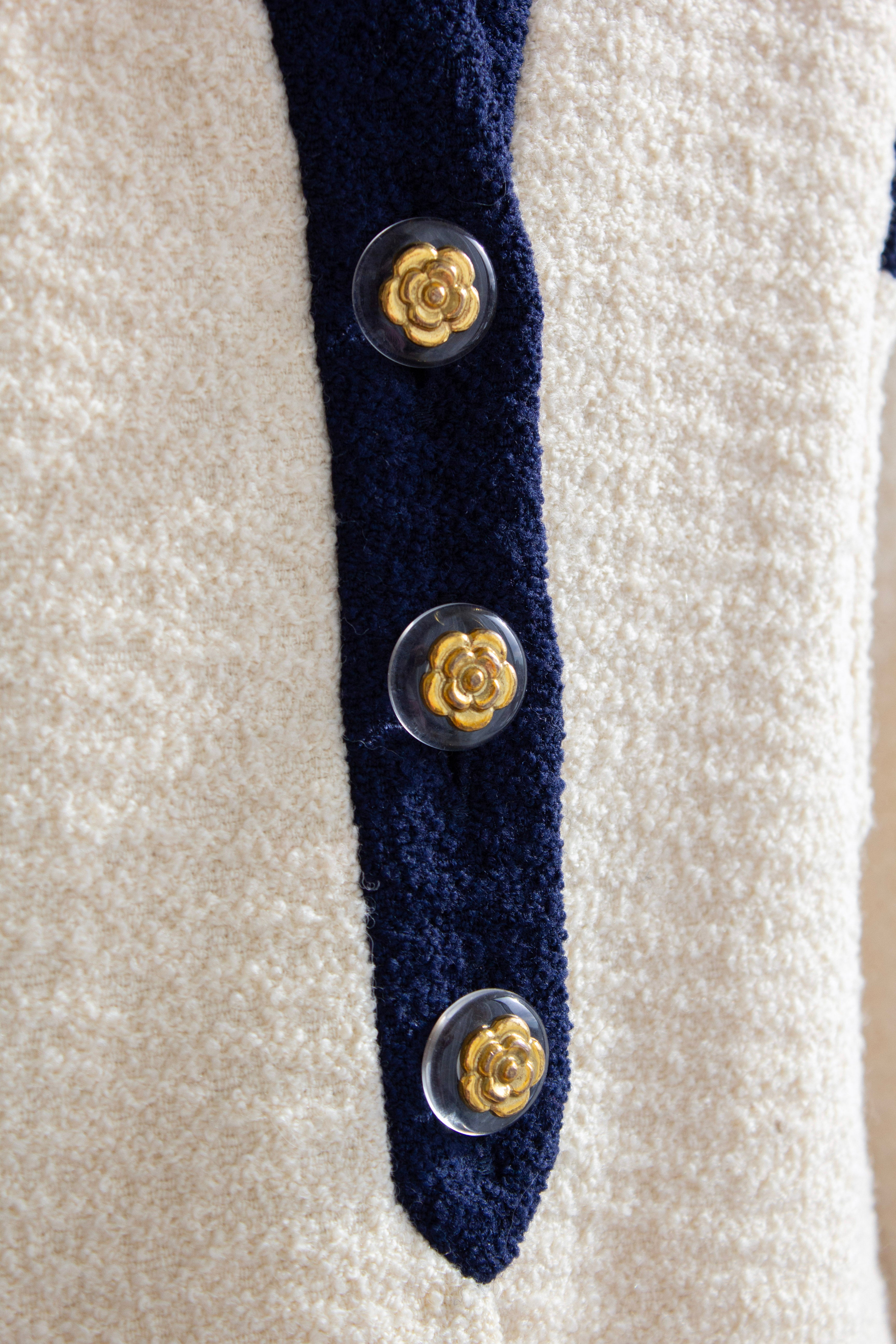 Chanel Vintage S/S 1992 Runway Cream Navy Lucite Gold Camellia Wool Jacket