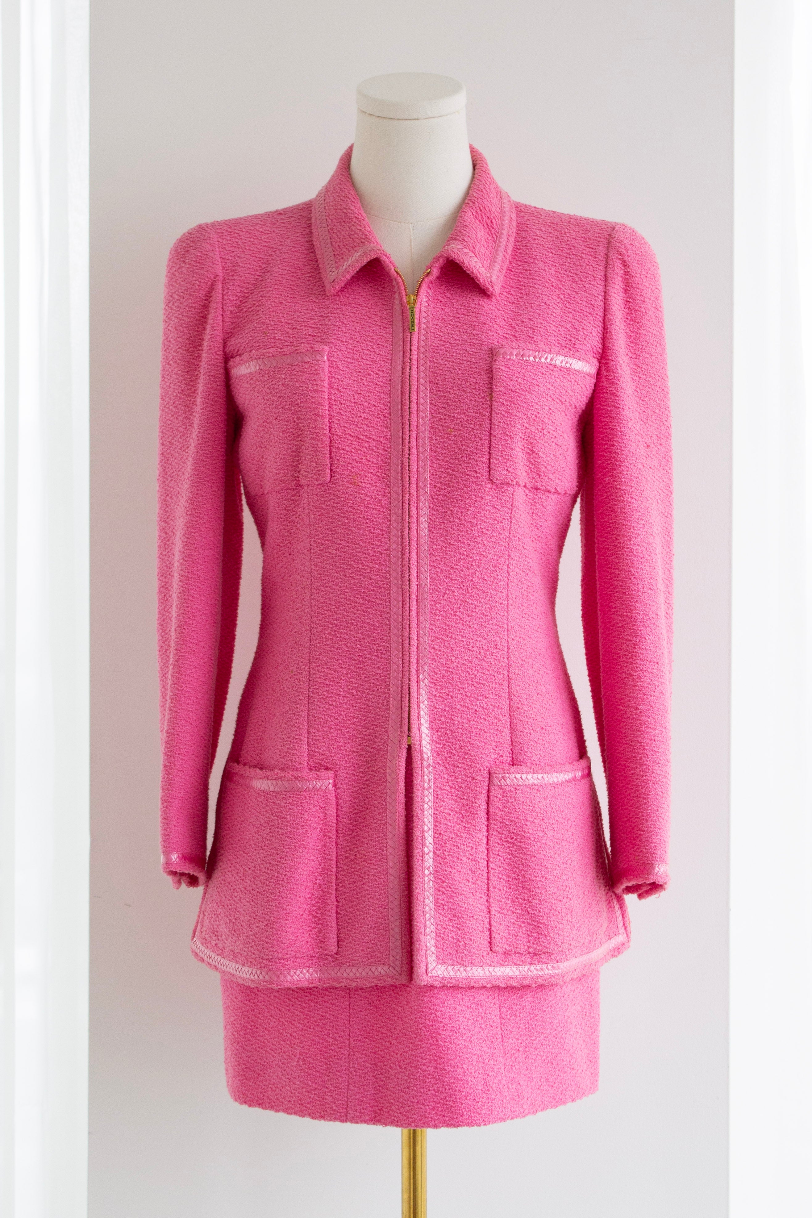 Chanel Vintage S/S 1995 “Barbie” Pink Tweed Gold Zip 95P Jacket & Skirt Set