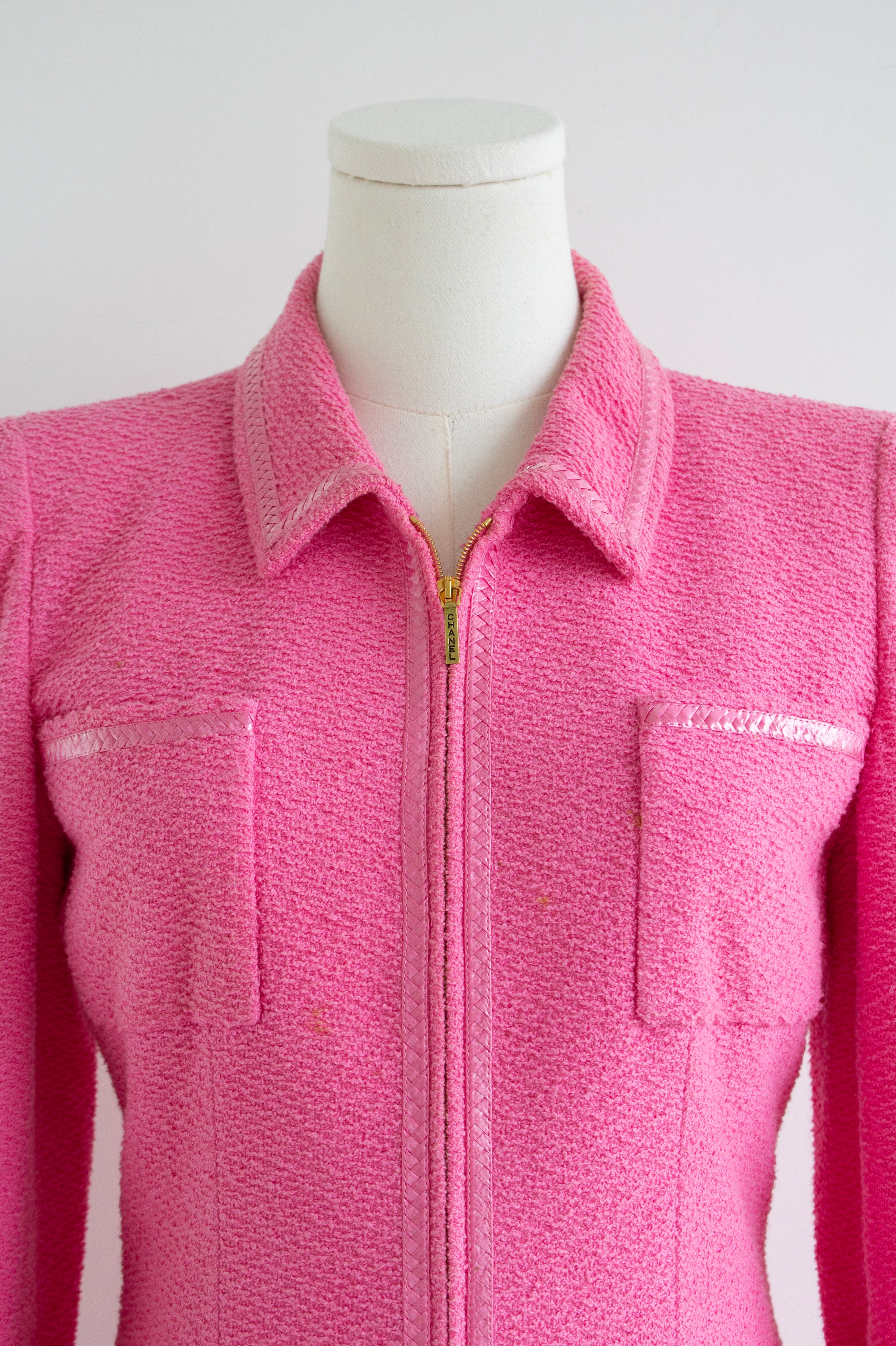 Chanel Vintage S/S 1995 “Barbie” Pink Tweed Gold Zip 95P Jacket & Skirt Set