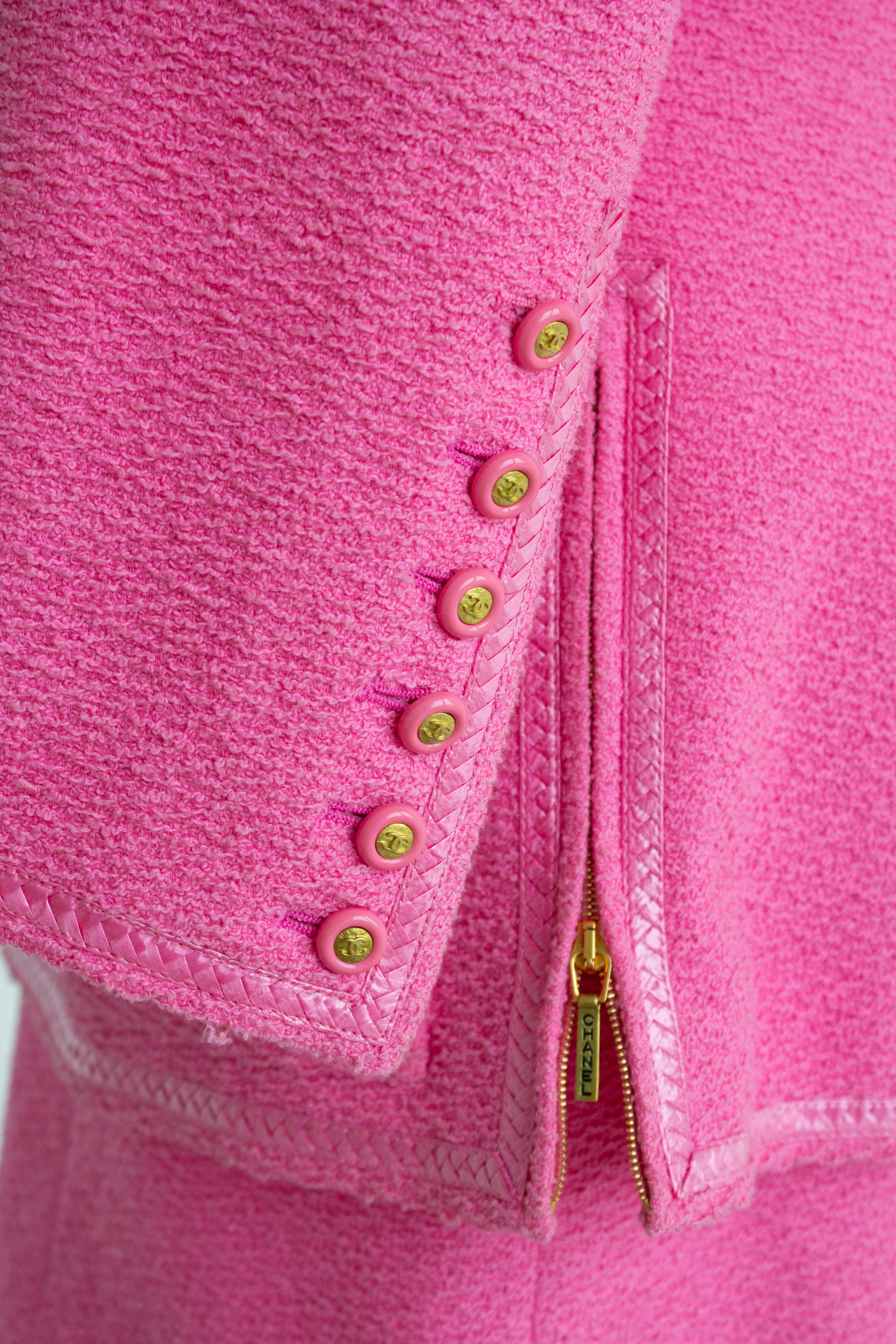 Chanel Vintage S/S 1995 “Barbie” Pink Tweed Gold Zip 95P Jacket & Skirt Set