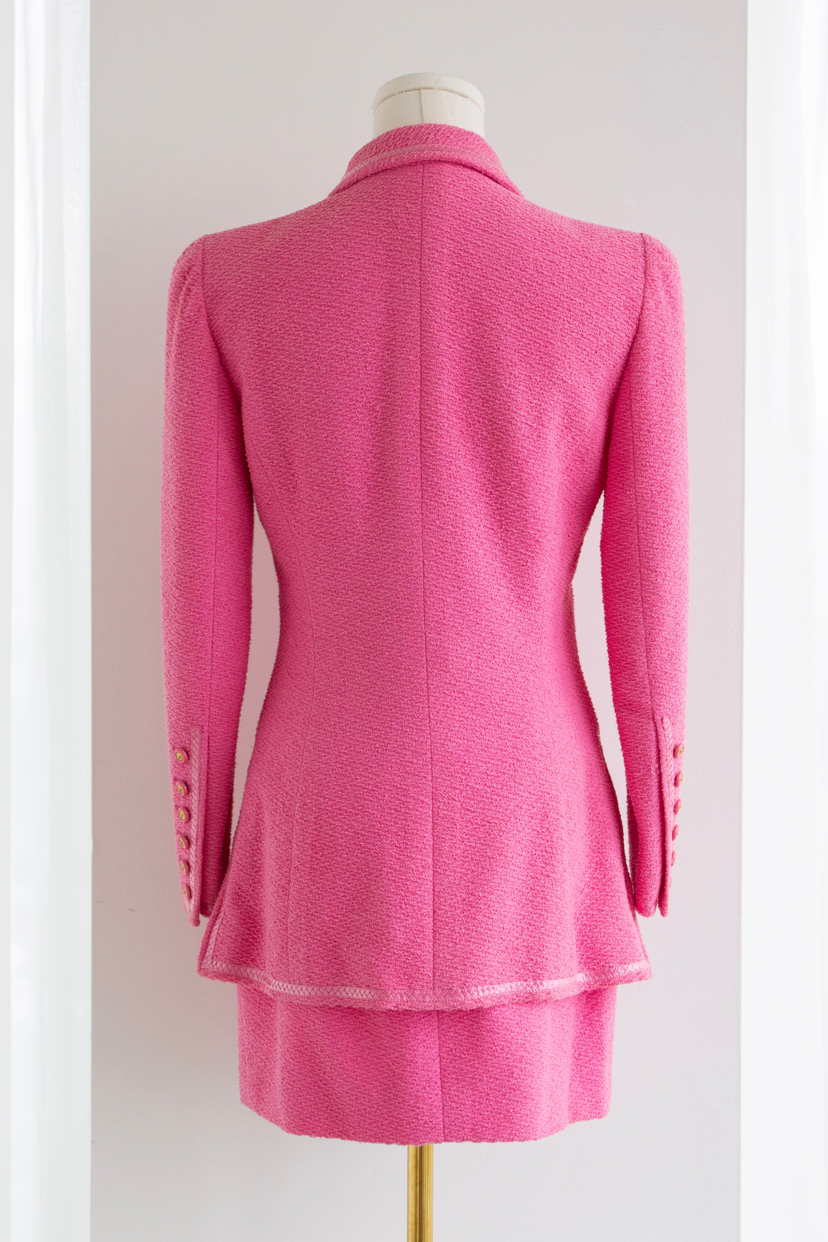 Chanel Vintage S/S 1995 “Barbie” Pink Tweed Gold Zip 95P Jacket & Skirt Set