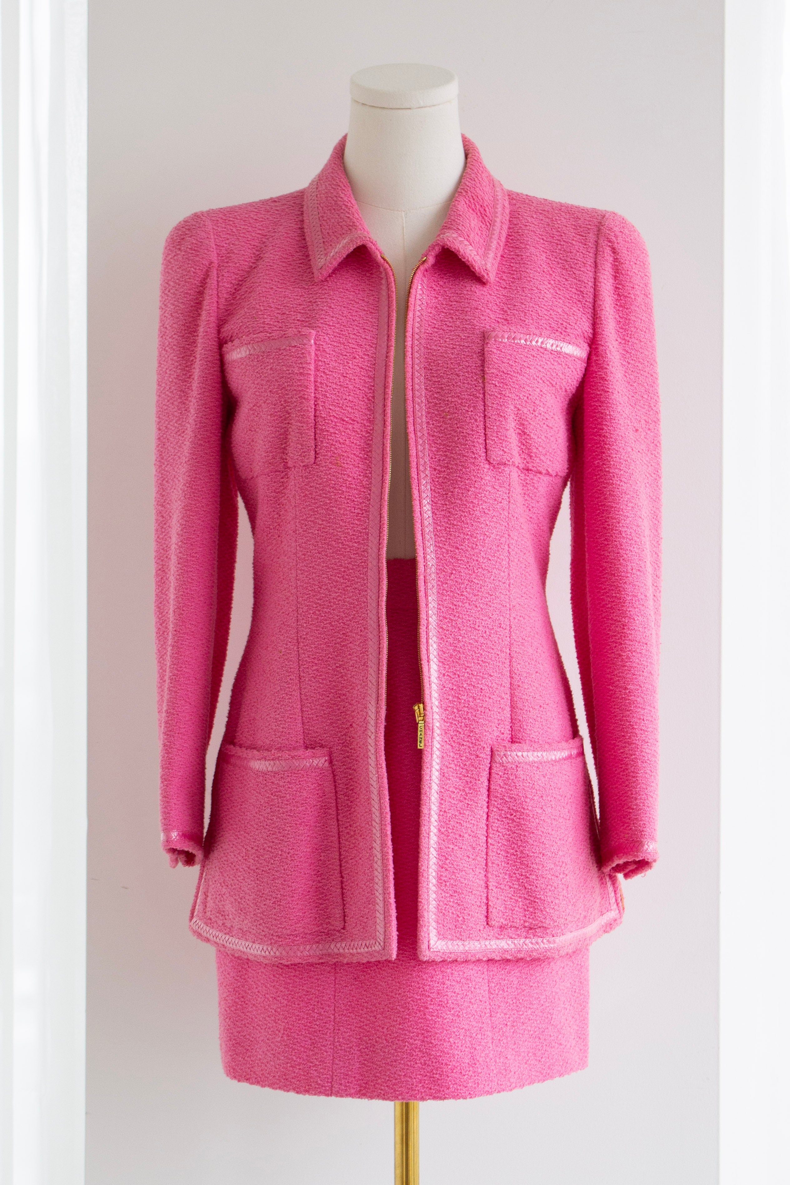 Chanel Vintage S/S 1995 “Barbie” Pink Tweed Gold Zip 95P Jacket & Skirt Set