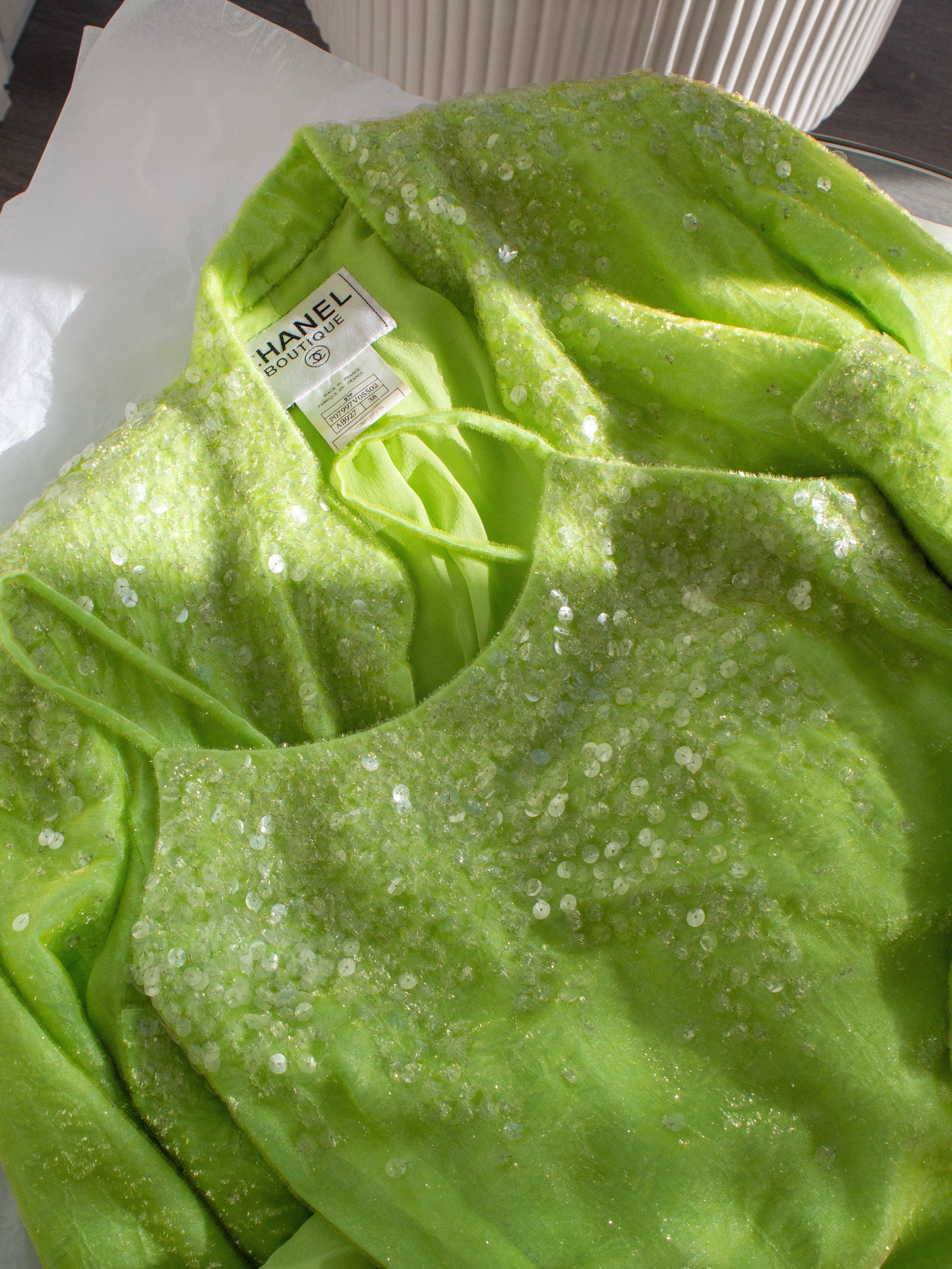 Chanel Vintage S/S 1997 Green Sequin Embellished Velvet Dress Gown Jacket 97P Set