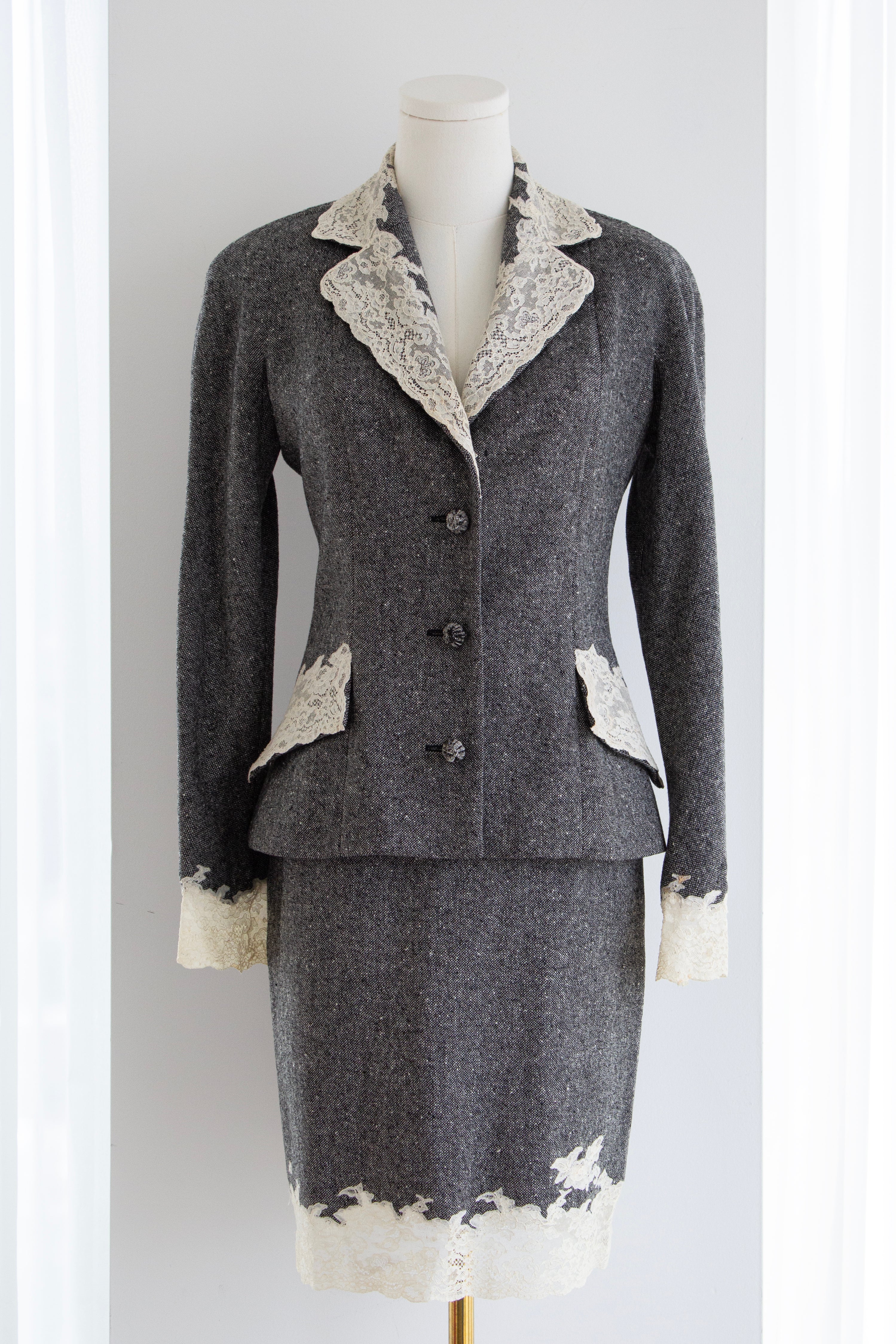 Christian Dior by John Galliano F/W 1998 Grey Tweed Calais Lace Jacket Skirt Suit