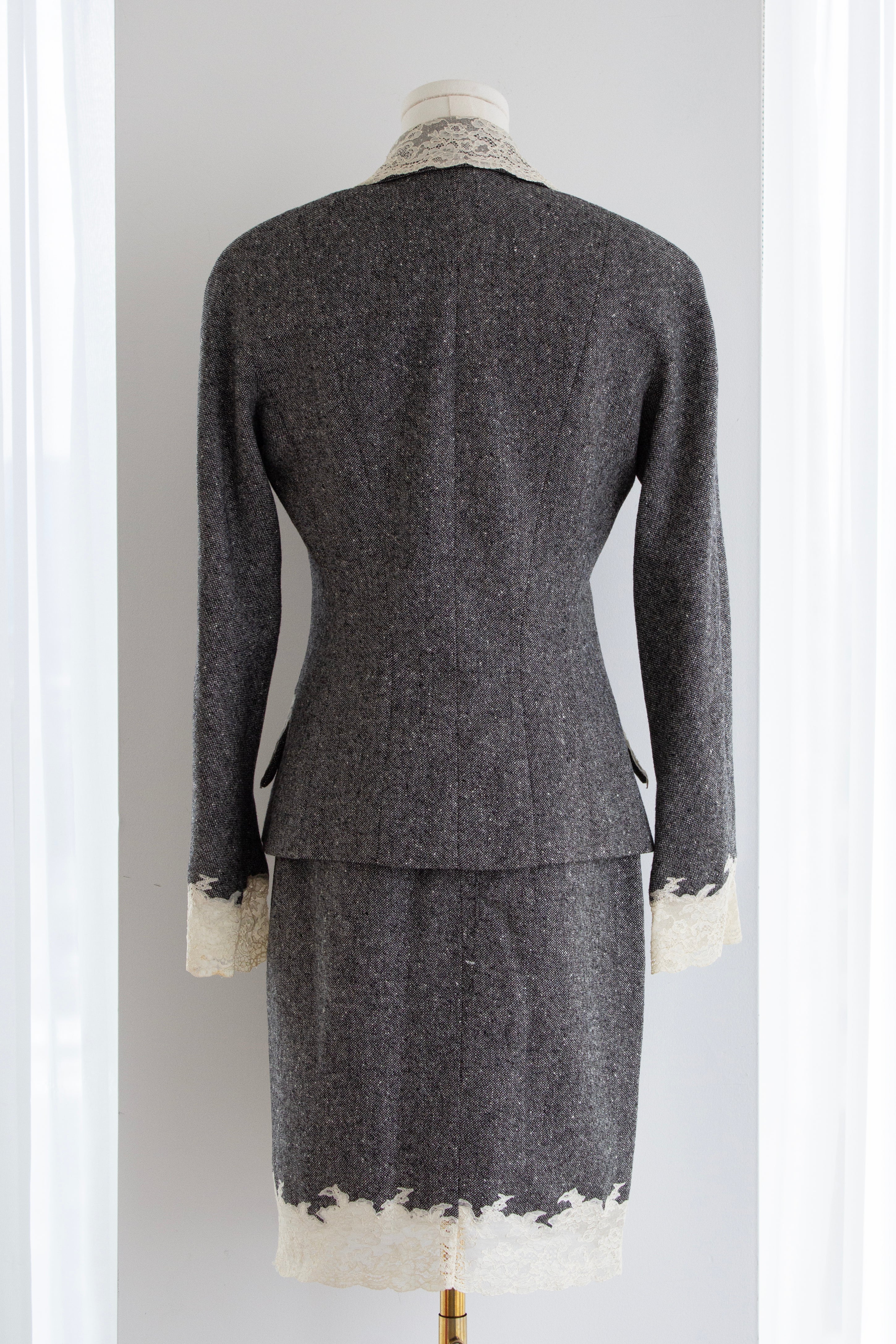 Christian Dior by John Galliano F/W 1998 Grey Tweed Calais Lace Jacket Skirt Suit