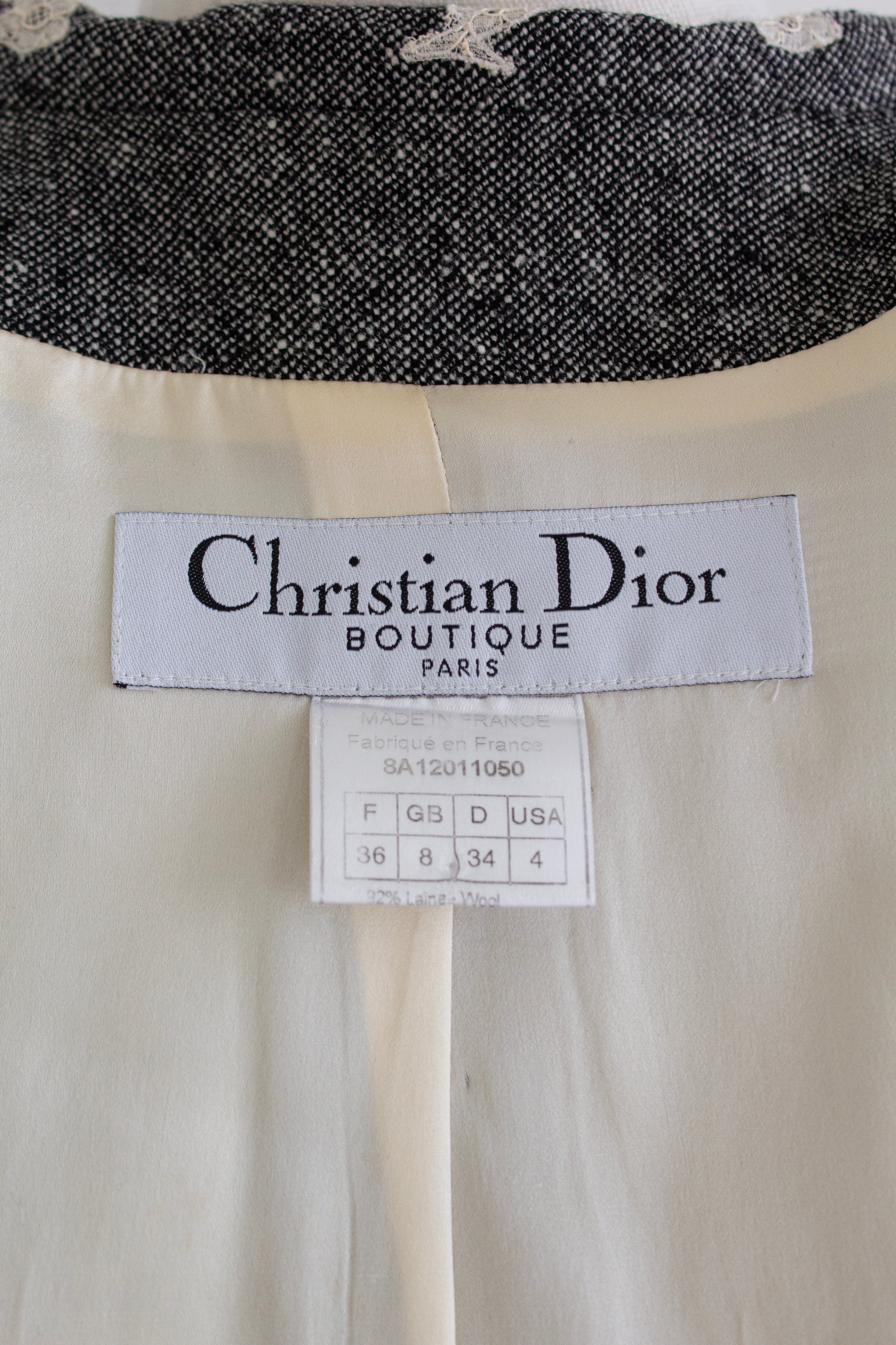 Christian Dior by John Galliano F/W 1998 Grey Tweed Calais Lace Jacket Skirt Suit