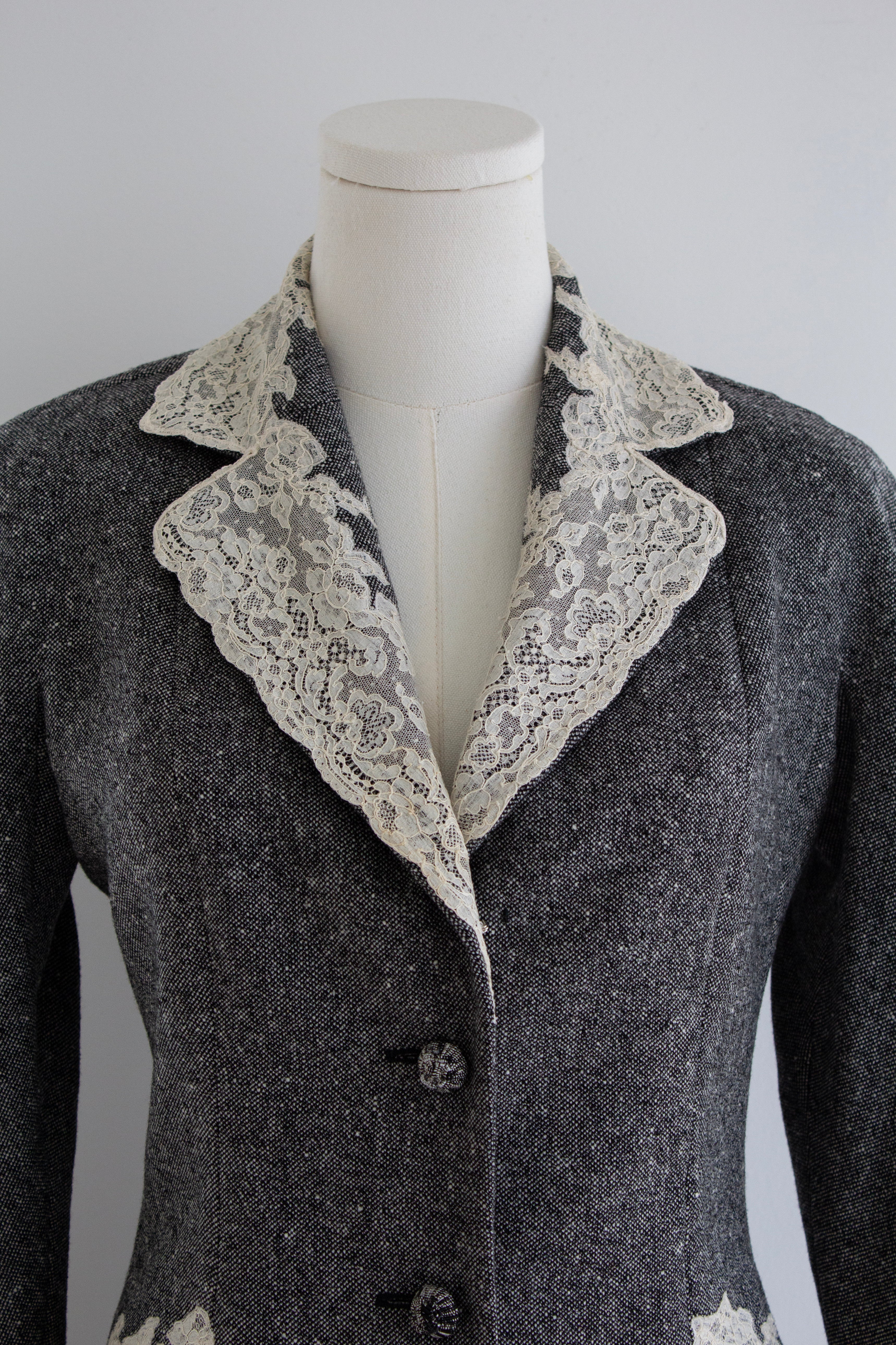 Christian Dior by John Galliano F/W 1998 Grey Tweed Calais Lace Jacket Skirt Suit