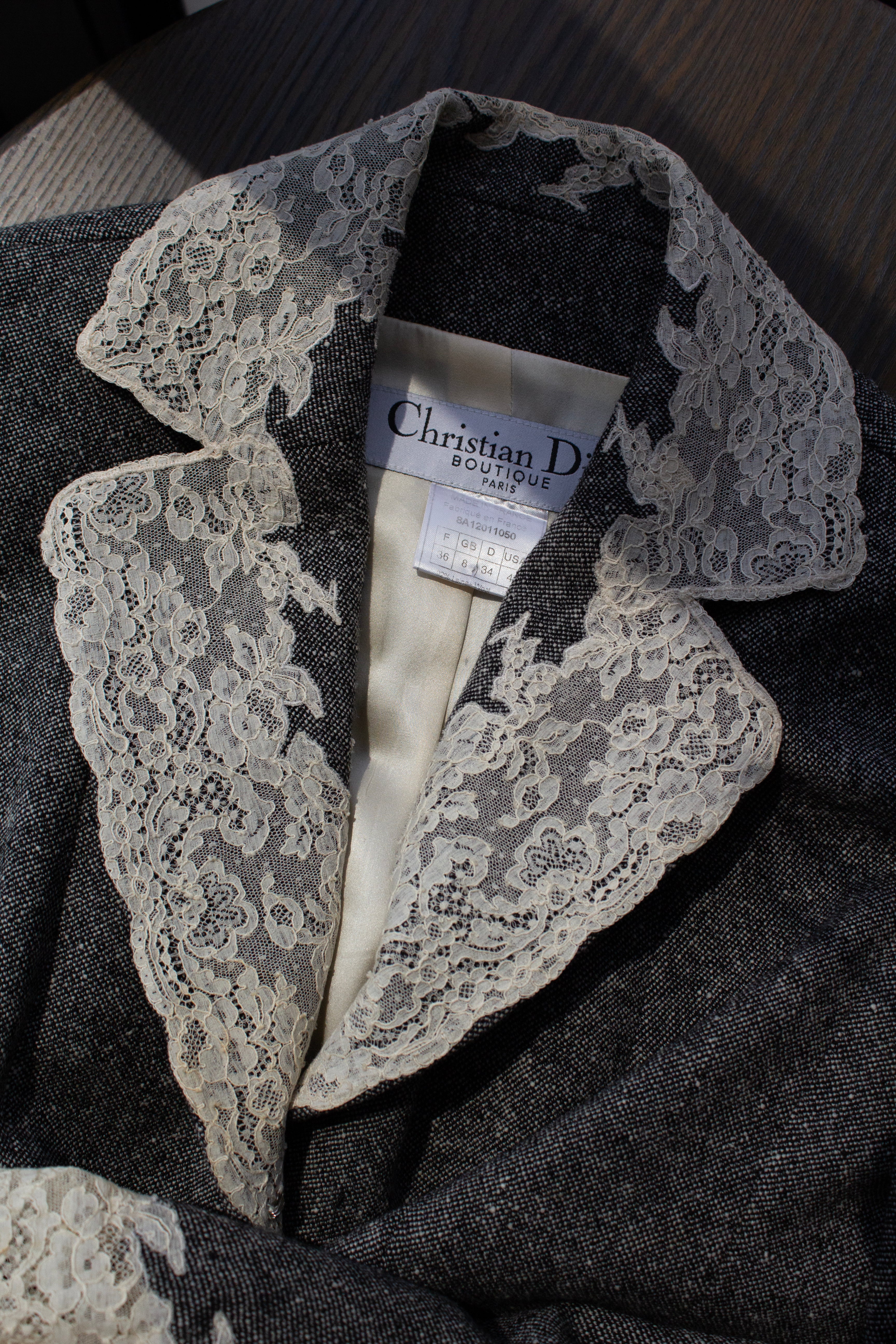 Christian Dior by John Galliano F/W 1998 Grey Tweed Calais Lace Jacket Skirt Suit