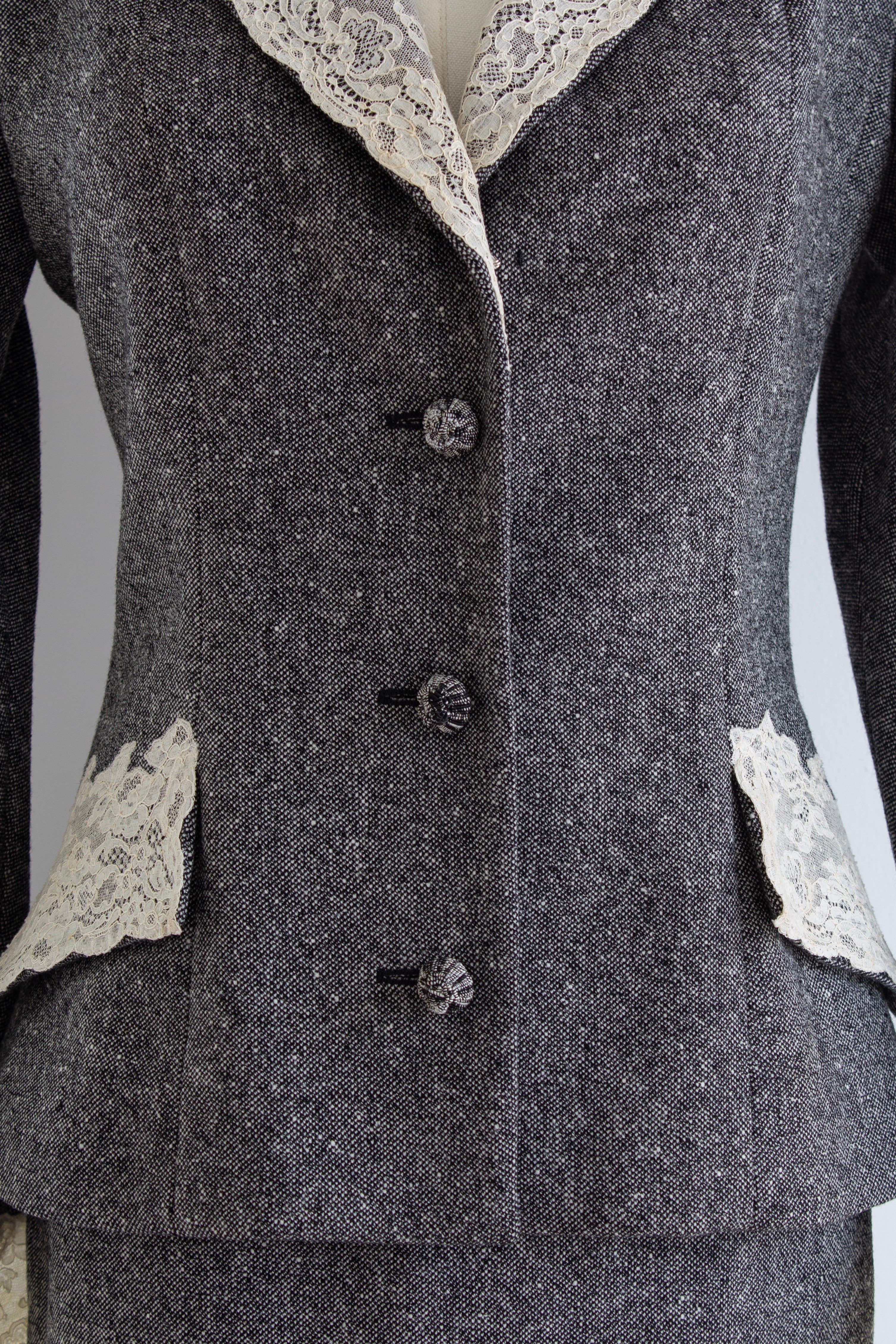 Christian Dior by John Galliano F/W 1998 Grey Tweed Calais Lace Jacket Skirt Suit