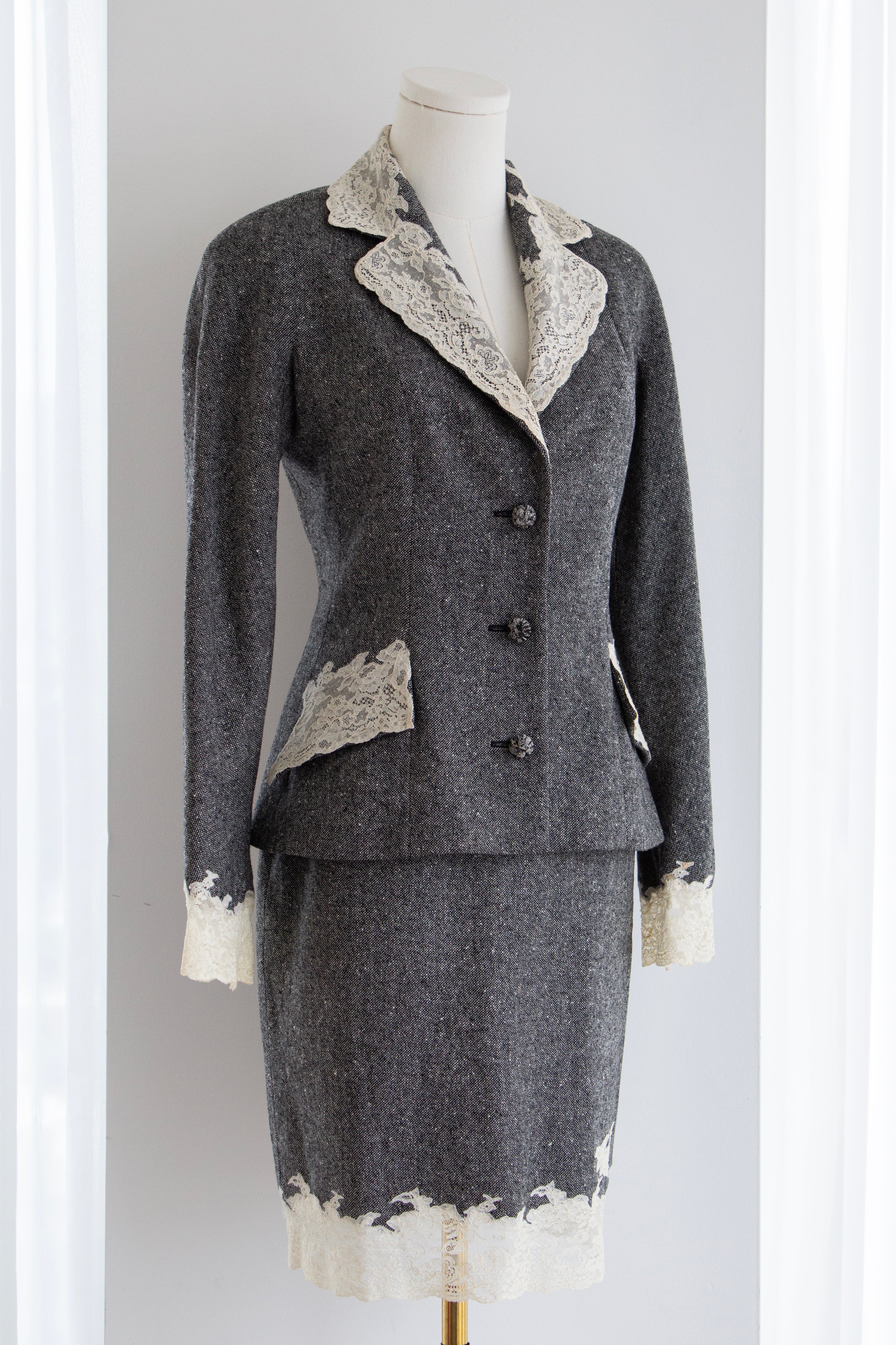 Christian Dior by John Galliano F/W 1998 Grey Tweed Calais Lace Jacket Skirt Suit