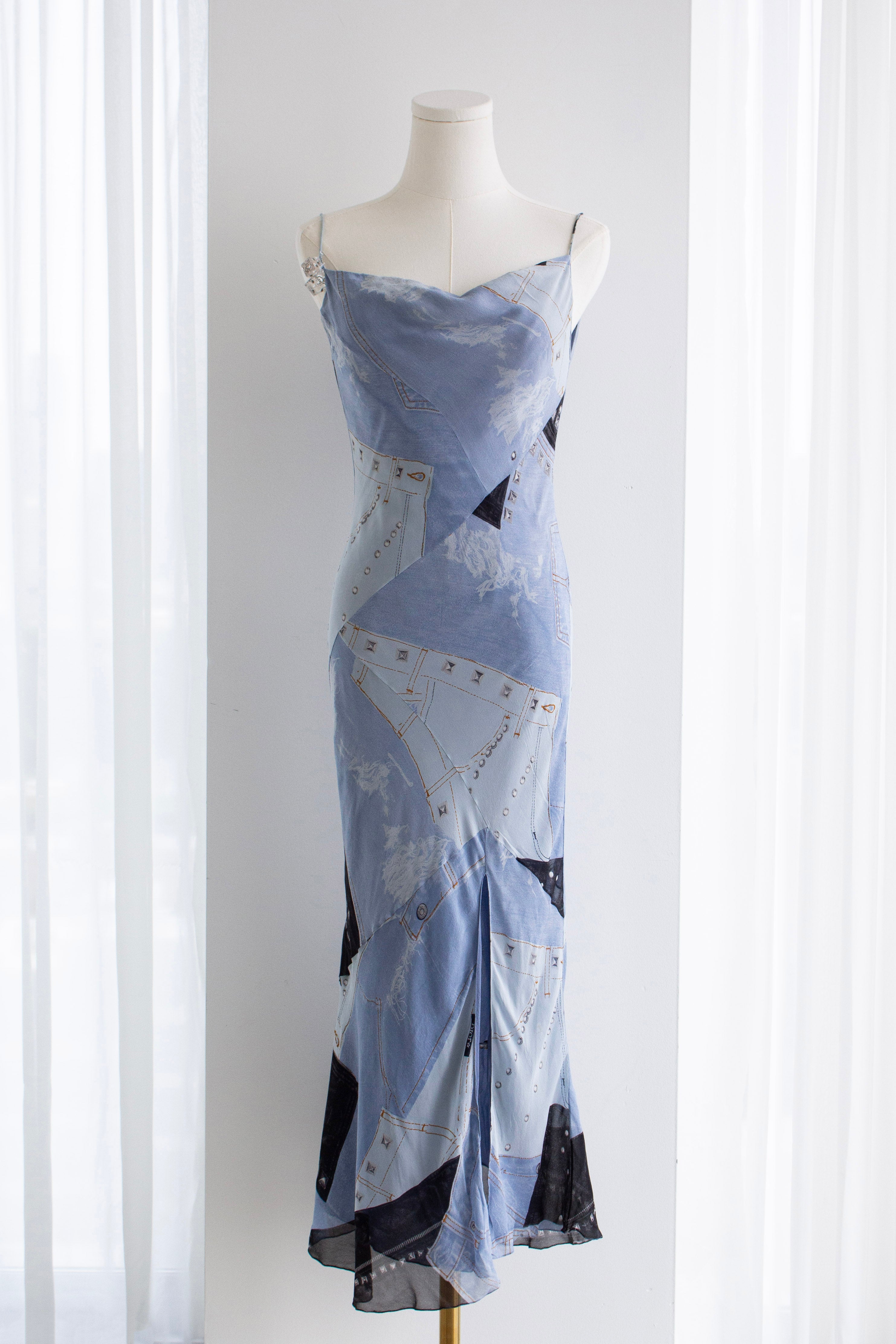 Christian Dior by John Galliano F/W 2004 “Gambler” Crystal Dice Denim Silk Midi Dress