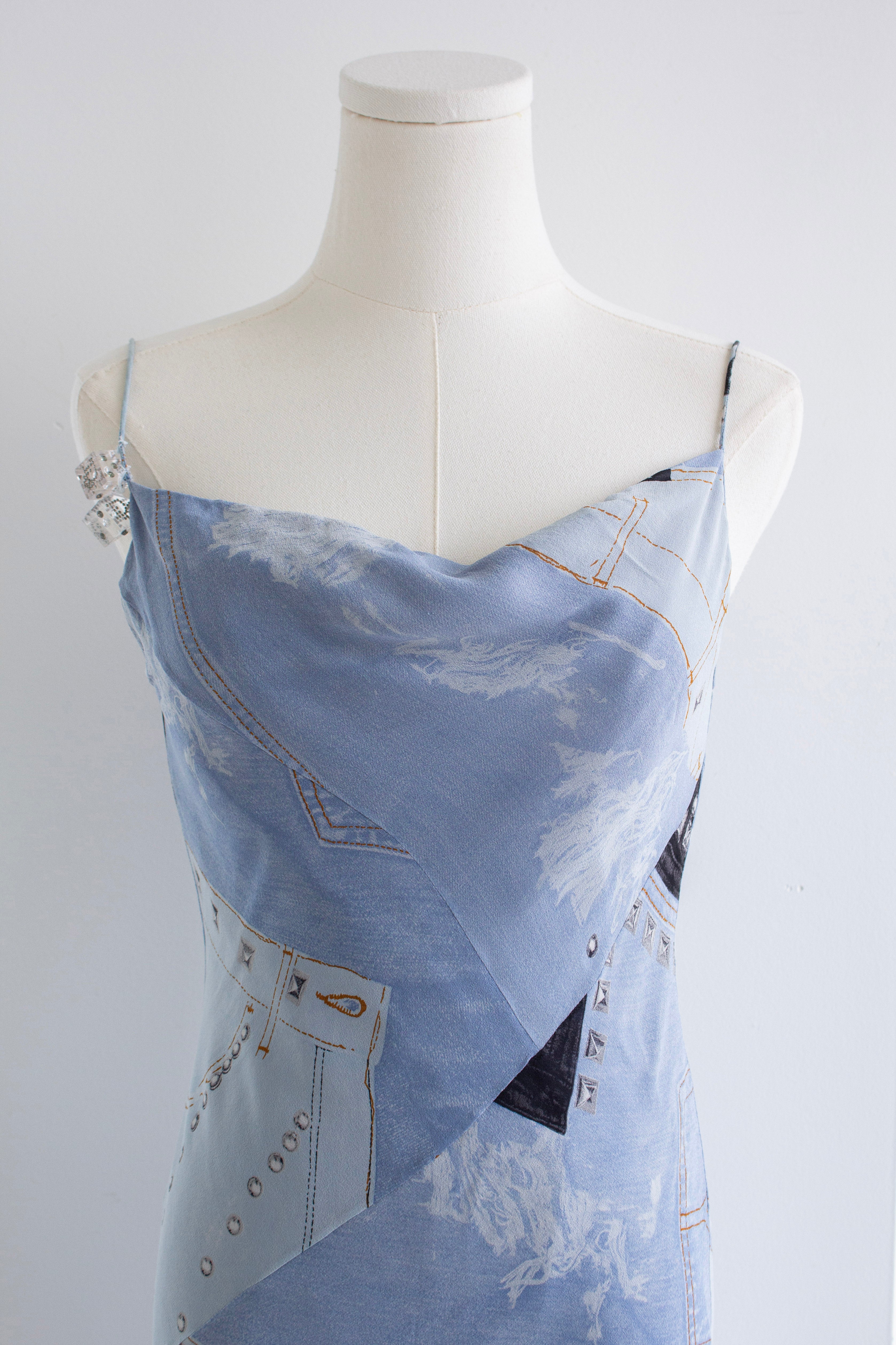 Christian Dior by John Galliano F/W 2004 “Gambler” Crystal Dice Denim Silk Midi Dress