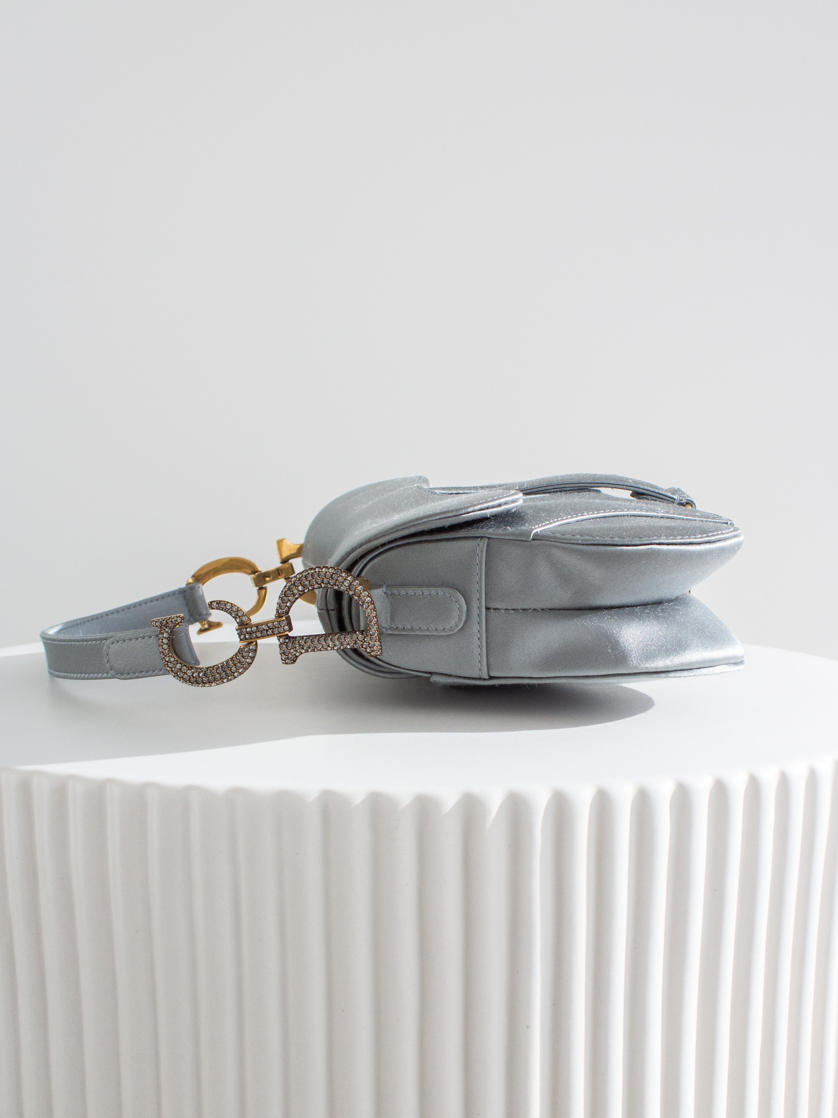 Dior Saddle 2019 Mini Satin Icy Blue Grey Crystal Embellished Bag