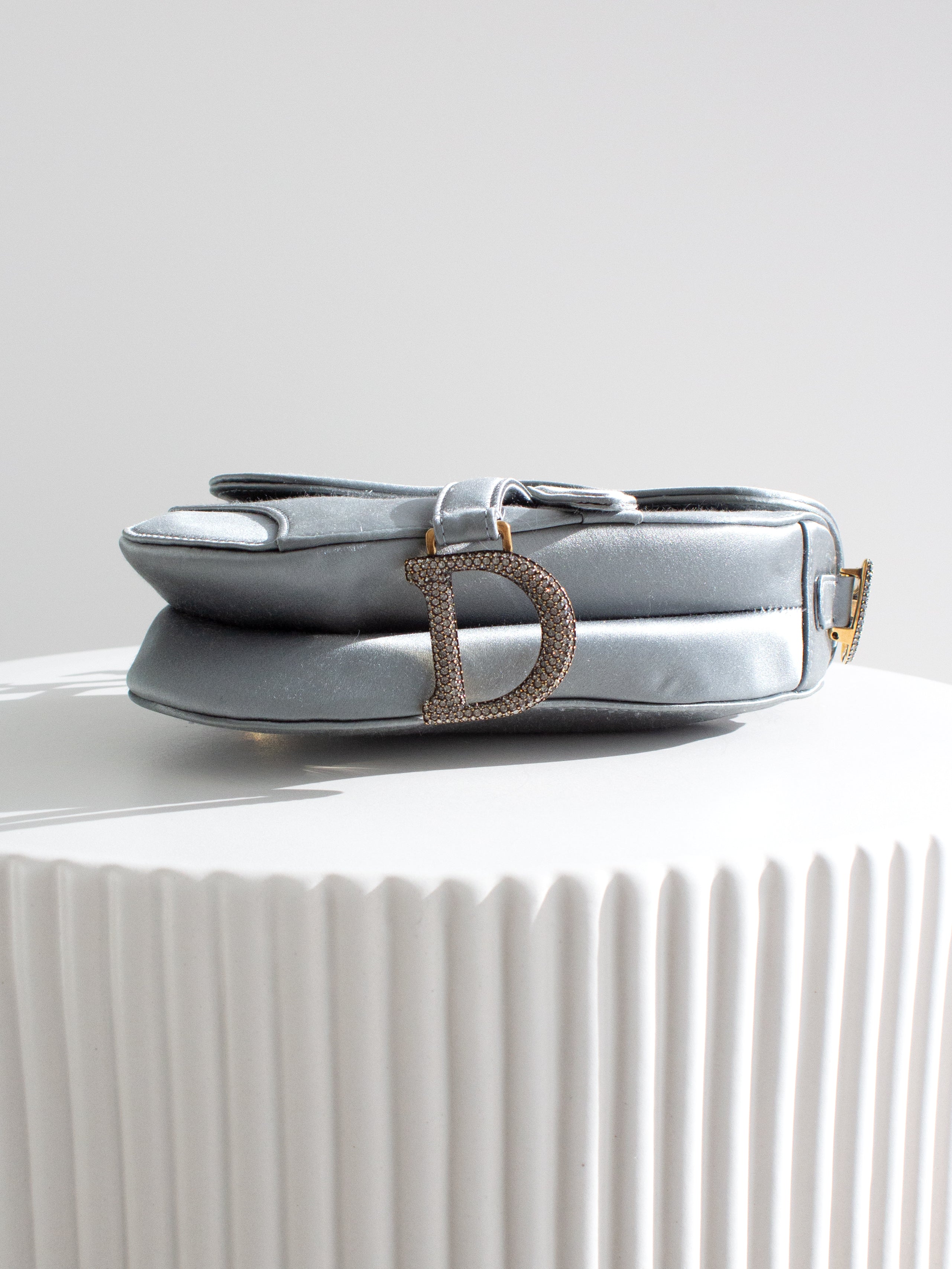 Dior Saddle 2019 Mini Satin Icy Blue Grey Crystal Embellished Bag