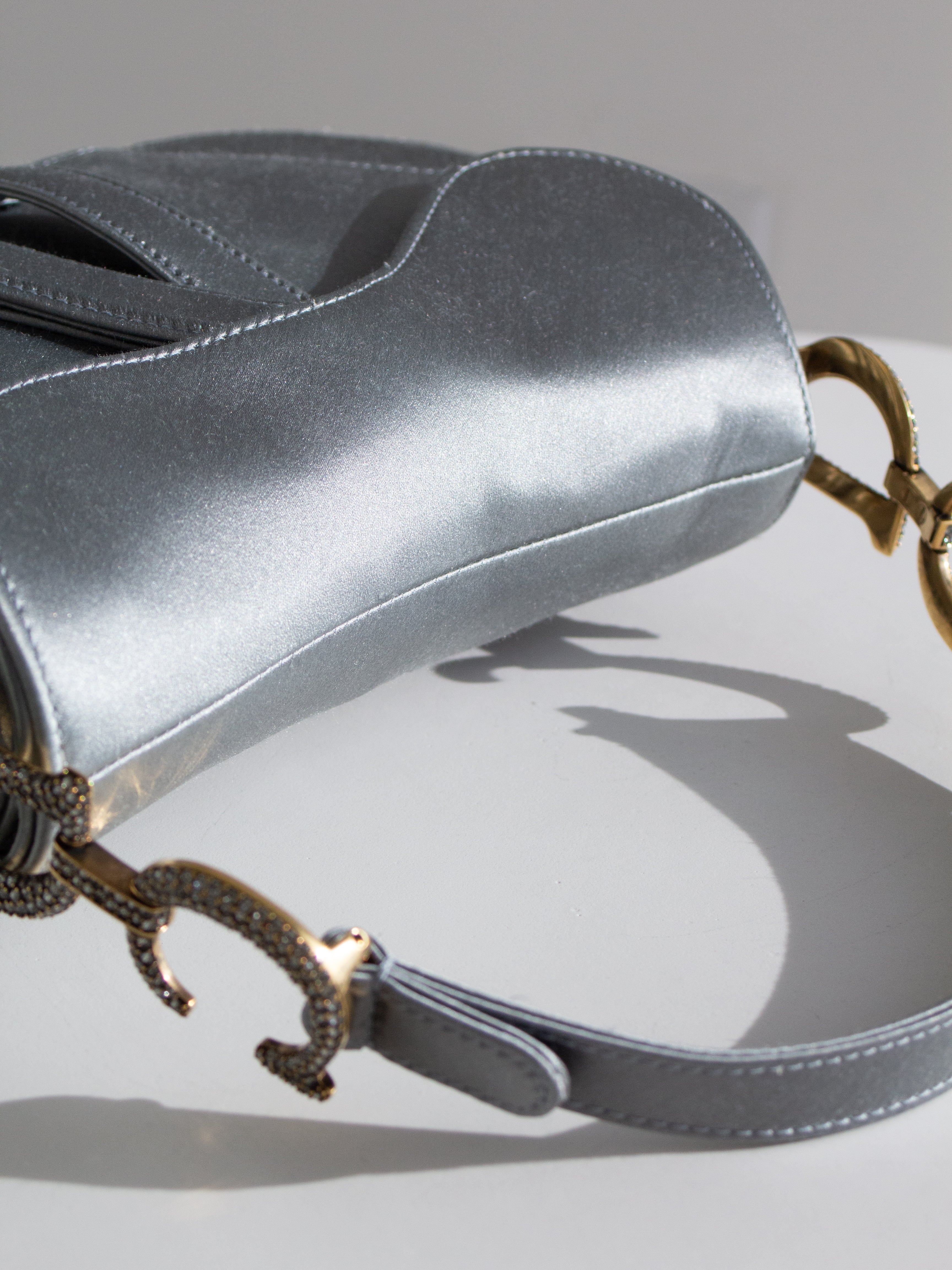 Dior Saddle 2019 Mini Satin Icy Blue Grey Crystal Embellished Bag