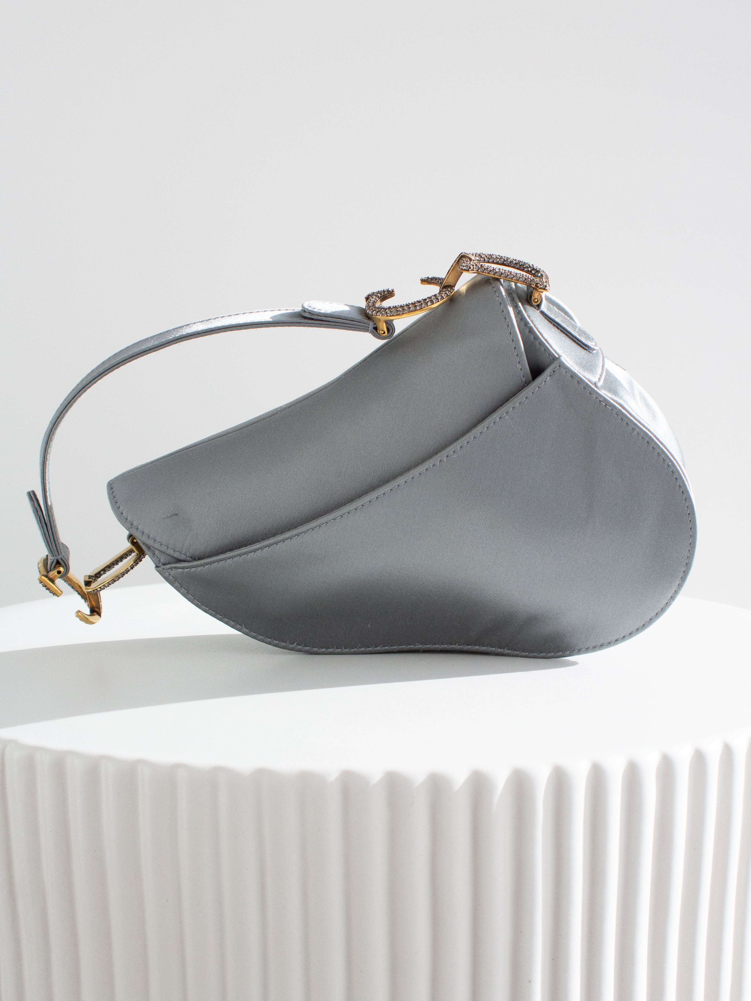 Dior Saddle 2019 Mini Satin Icy Blue Grey Crystal Embellished Bag