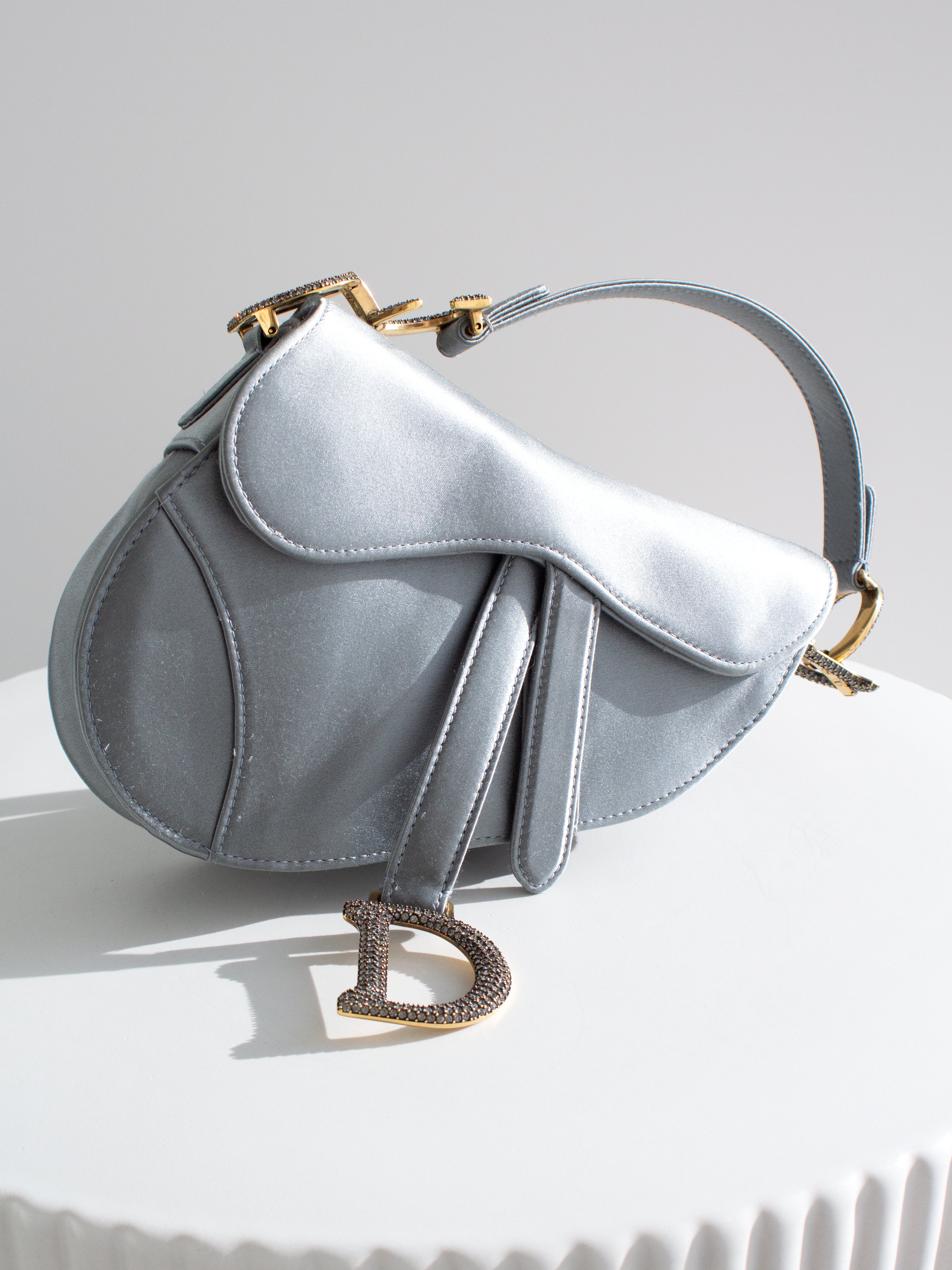 Dior Saddle 2019 Mini Satin Icy Blue Grey Crystal Embellished Bag