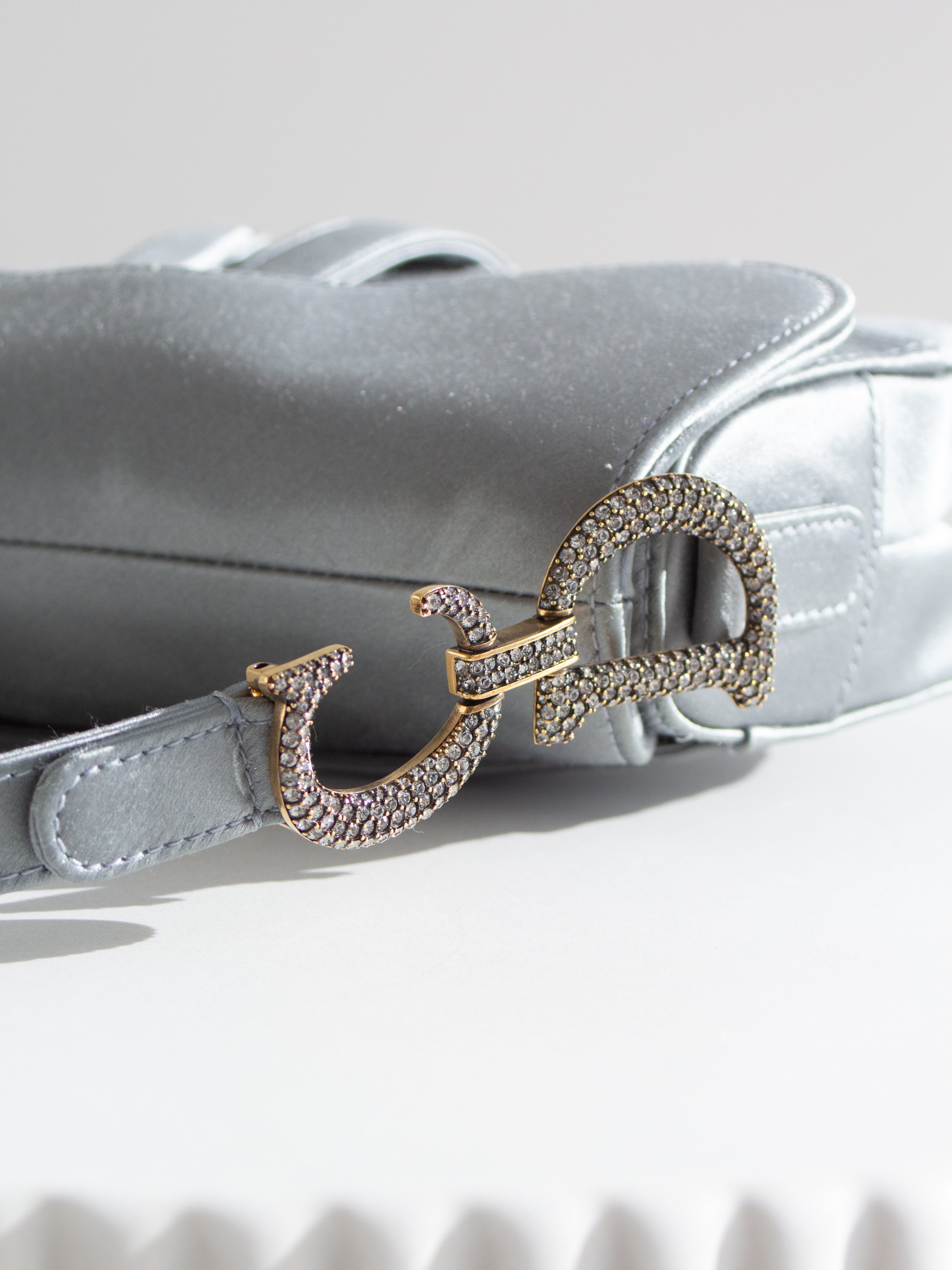 Dior Saddle 2019 Mini Satin Icy Blue Grey Crystal Embellished Bag