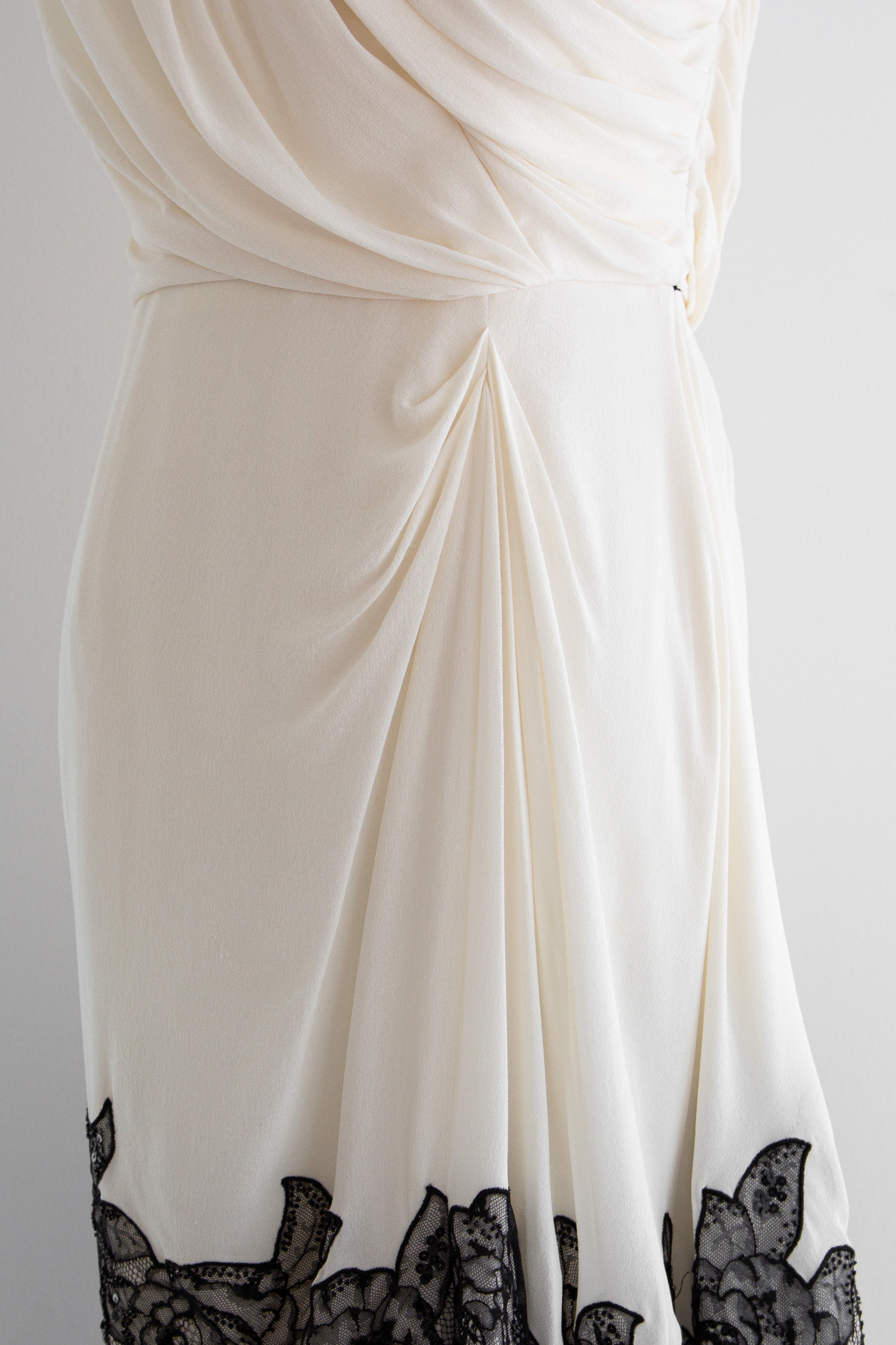 Christian Dior S/S 2012 White Black Rose Embroidered Ruched Evening Dress Gown