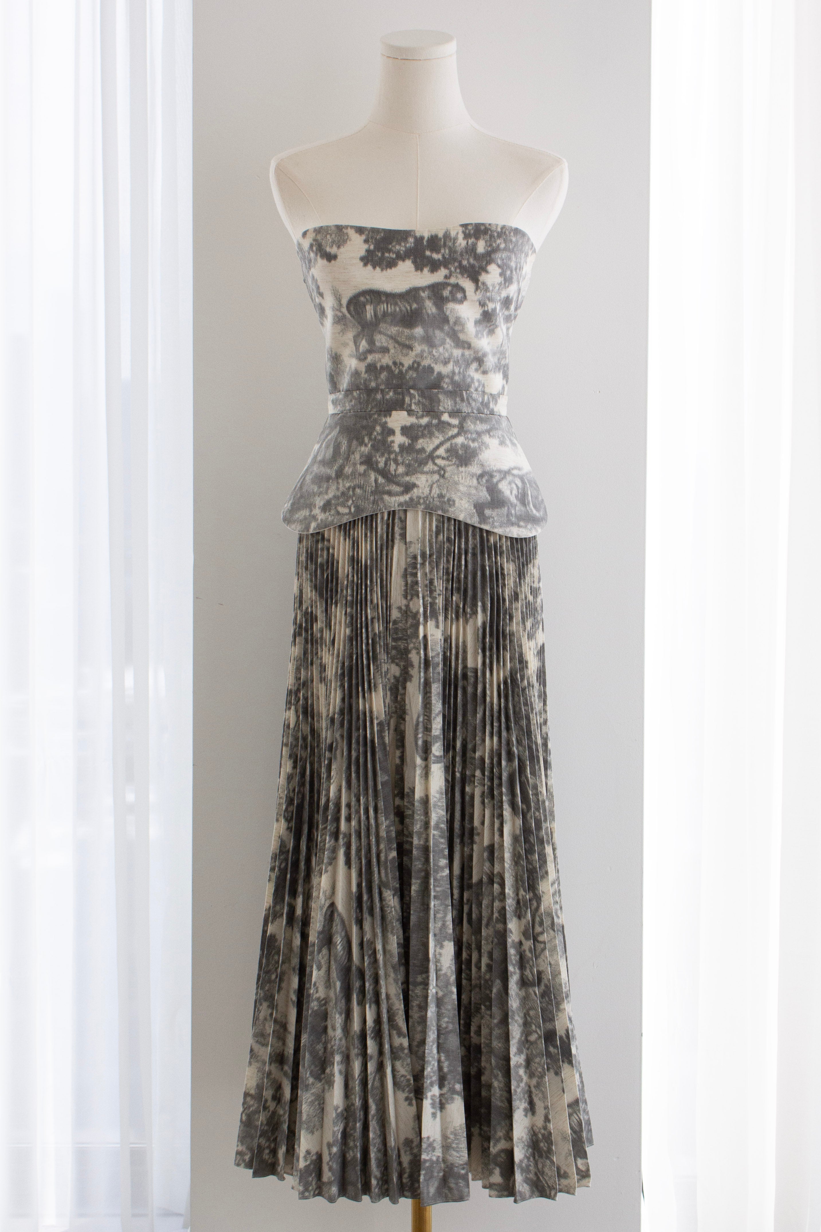 Christian Dior S/S 2019 Grey Toile De Jouy Print Corset Pleated Dress