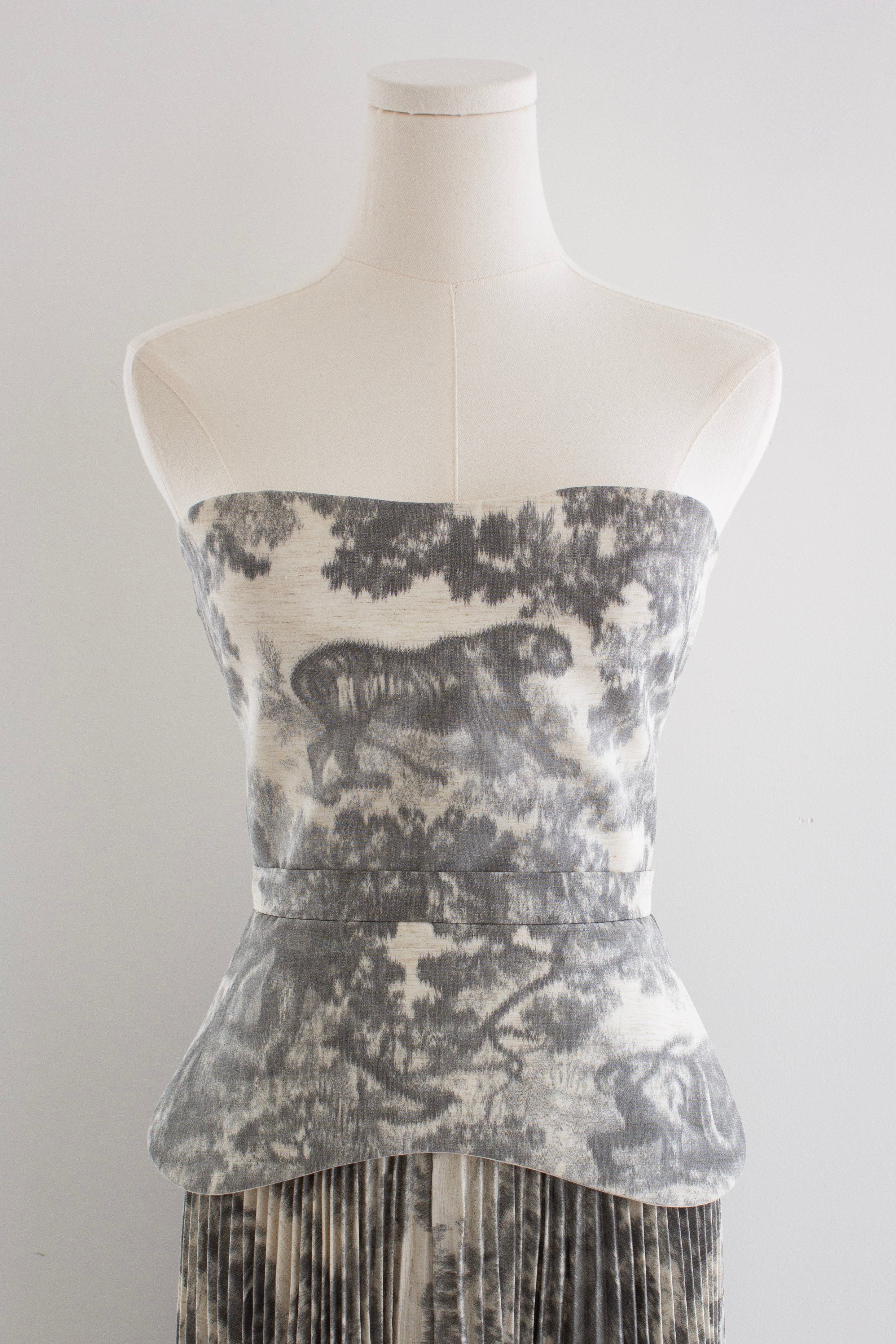 Christian Dior S/S 2019 Grey Toile De Jouy Print Corset Pleated Dress