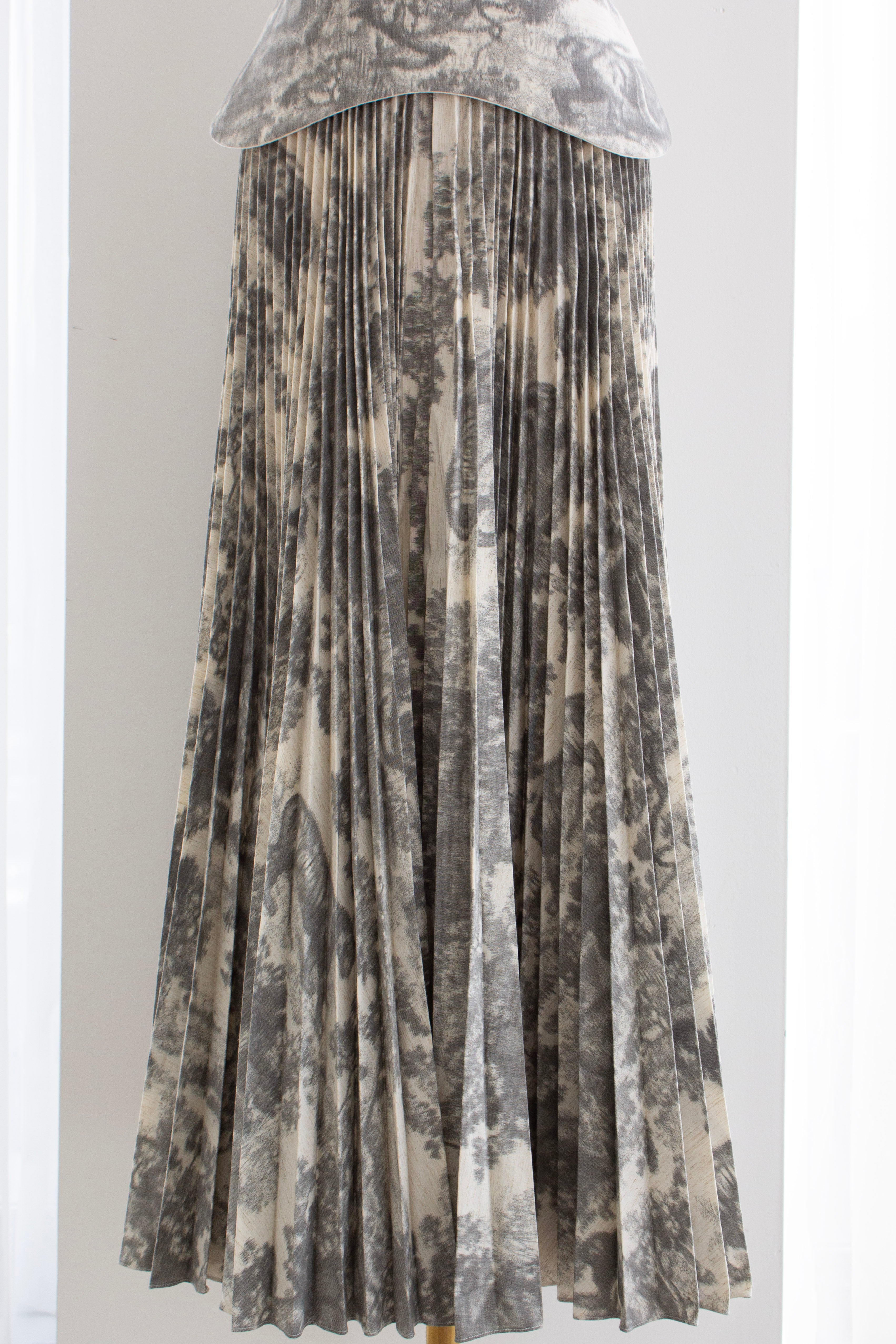 Christian Dior S/S 2019 Grey Toile De Jouy Print Corset Pleated Dress