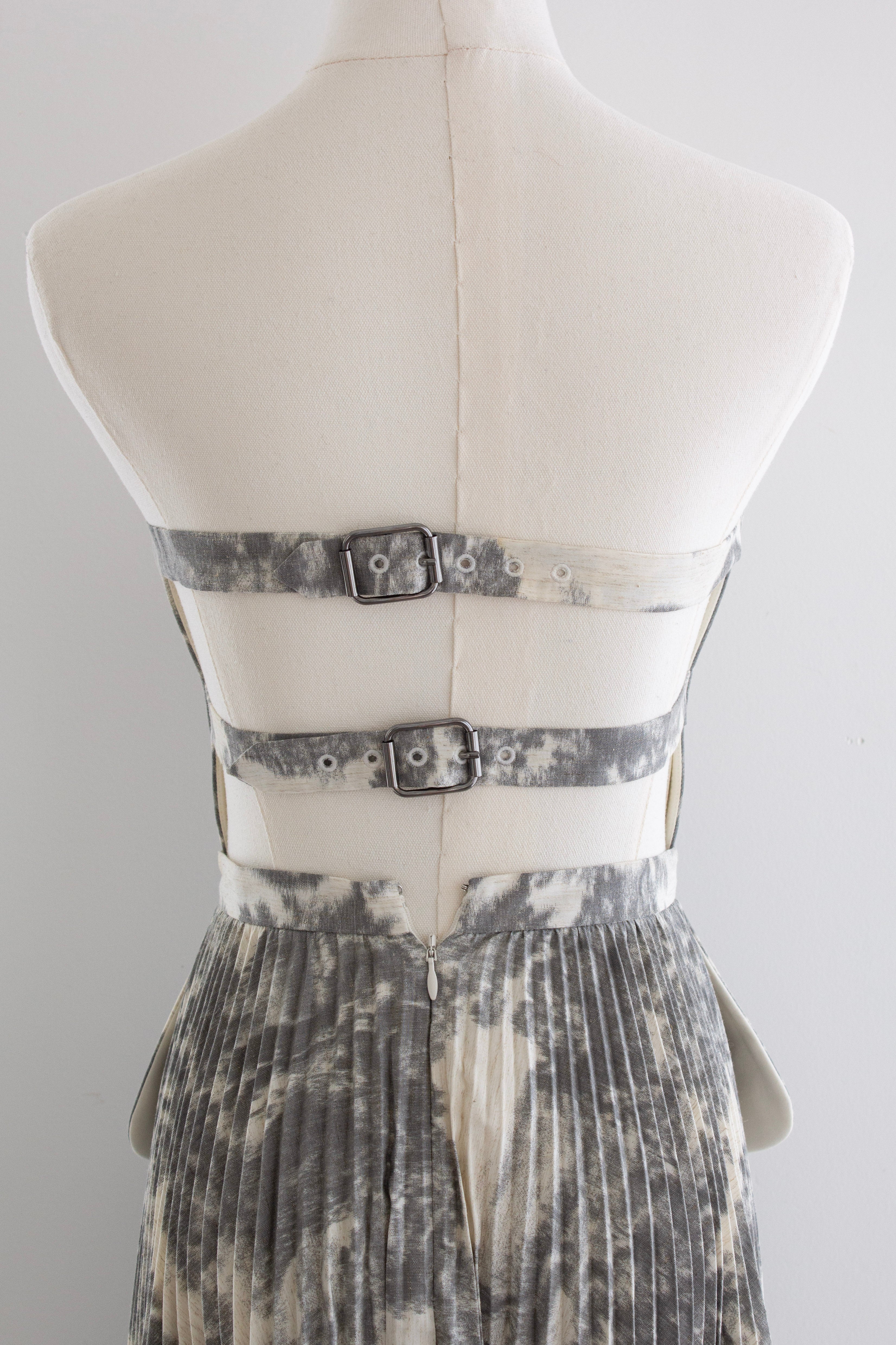 Christian Dior S/S 2019 Grey Toile De Jouy Print Corset Pleated Dress