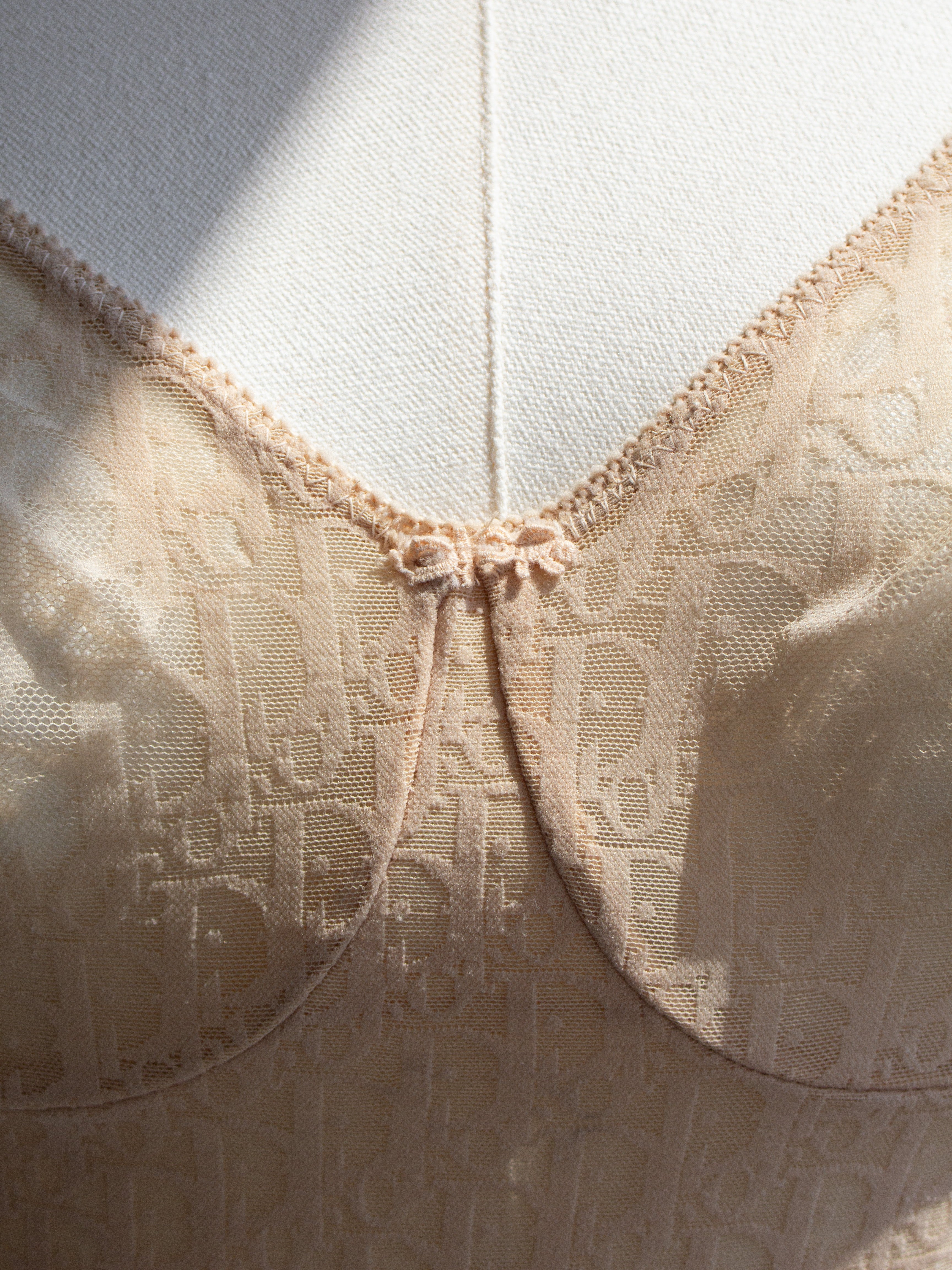 Christian Dior Vintage Monogram Diorissimo Sheer Nude Beige Logo Print Bodysuit