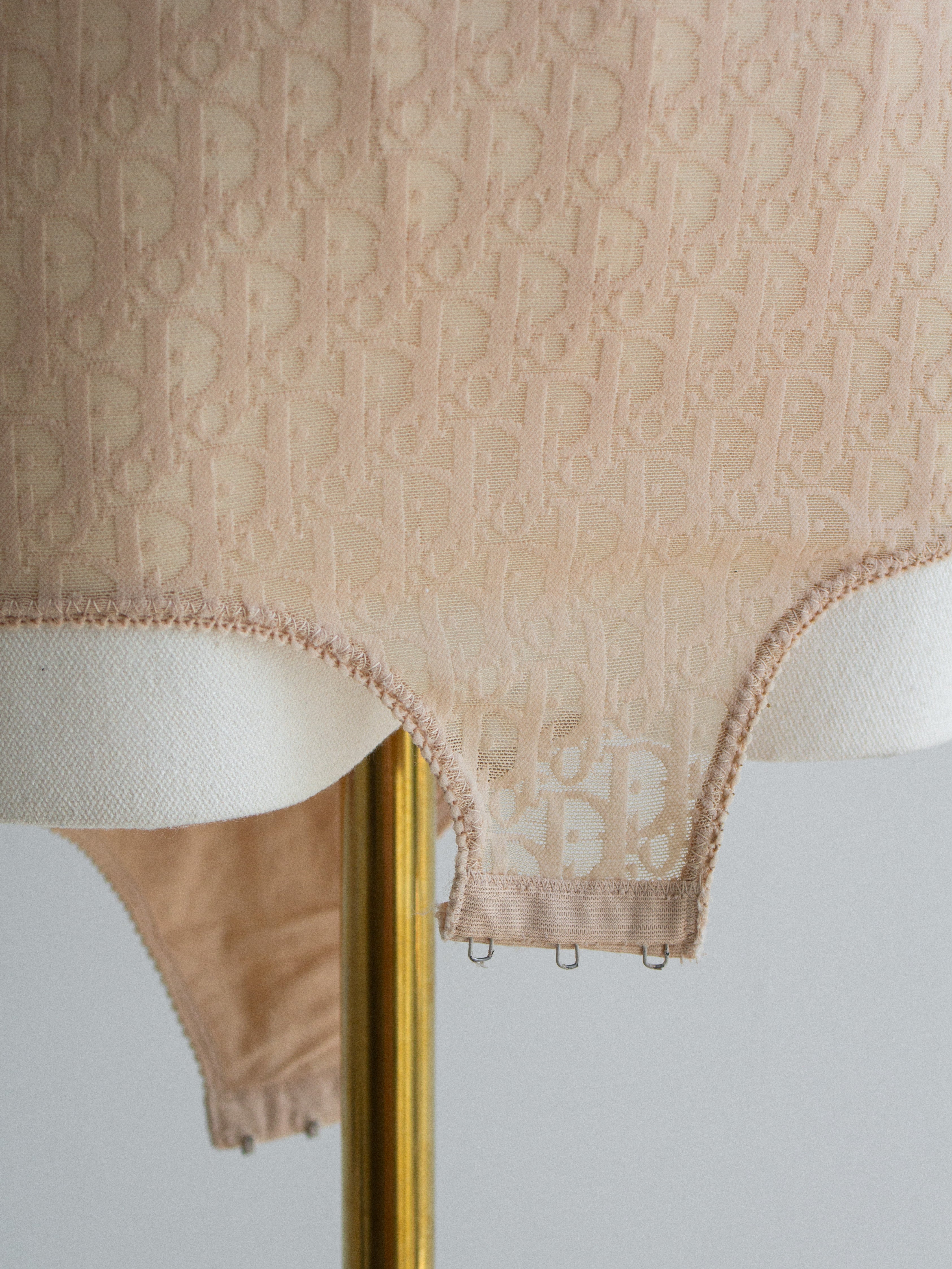 Christian Dior Vintage Monogram Diorissimo Sheer Nude Beige Logo Print Bodysuit