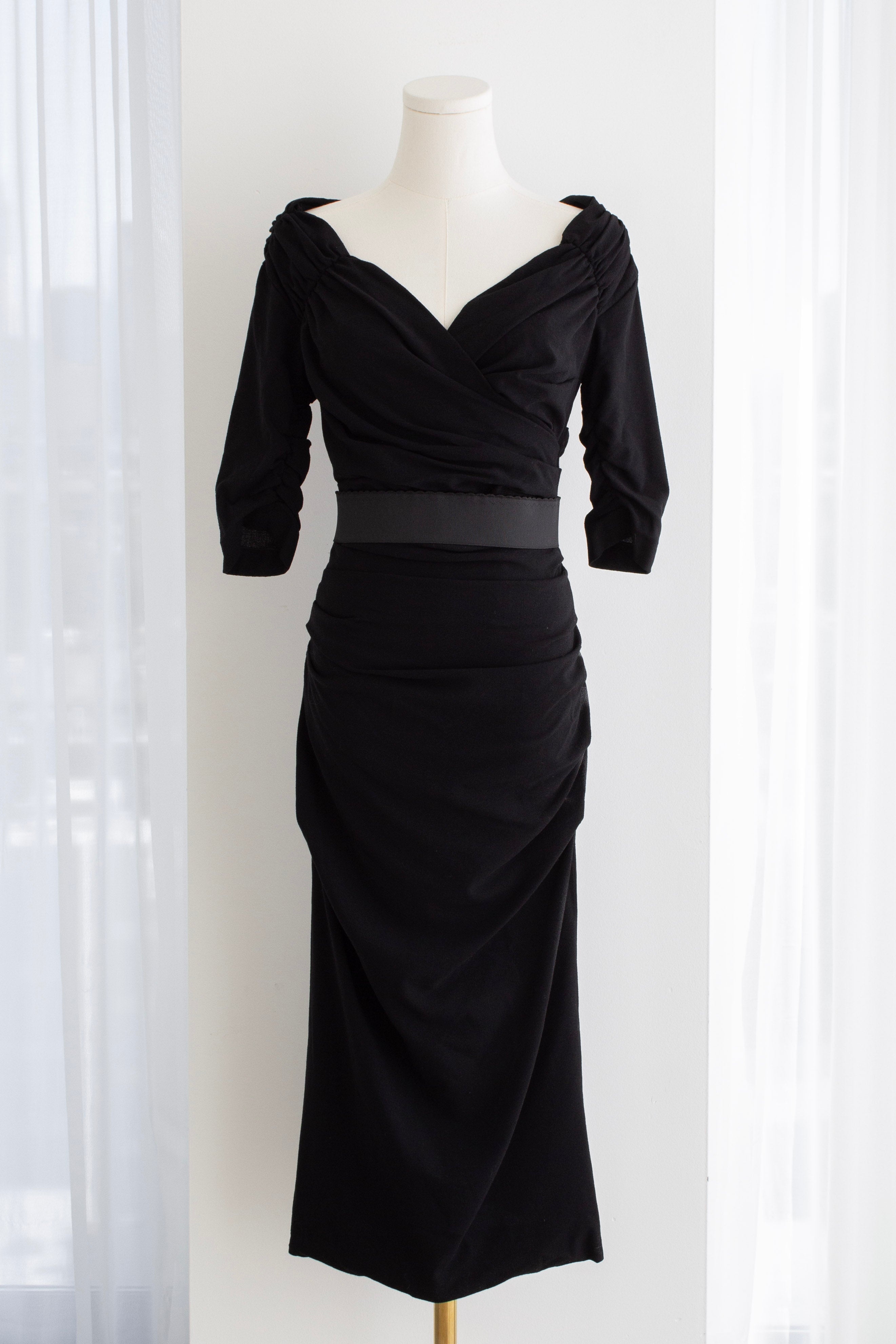 Dolce & Gabbana F/W 2017 Black Wool Ruched Midi Belted Dress