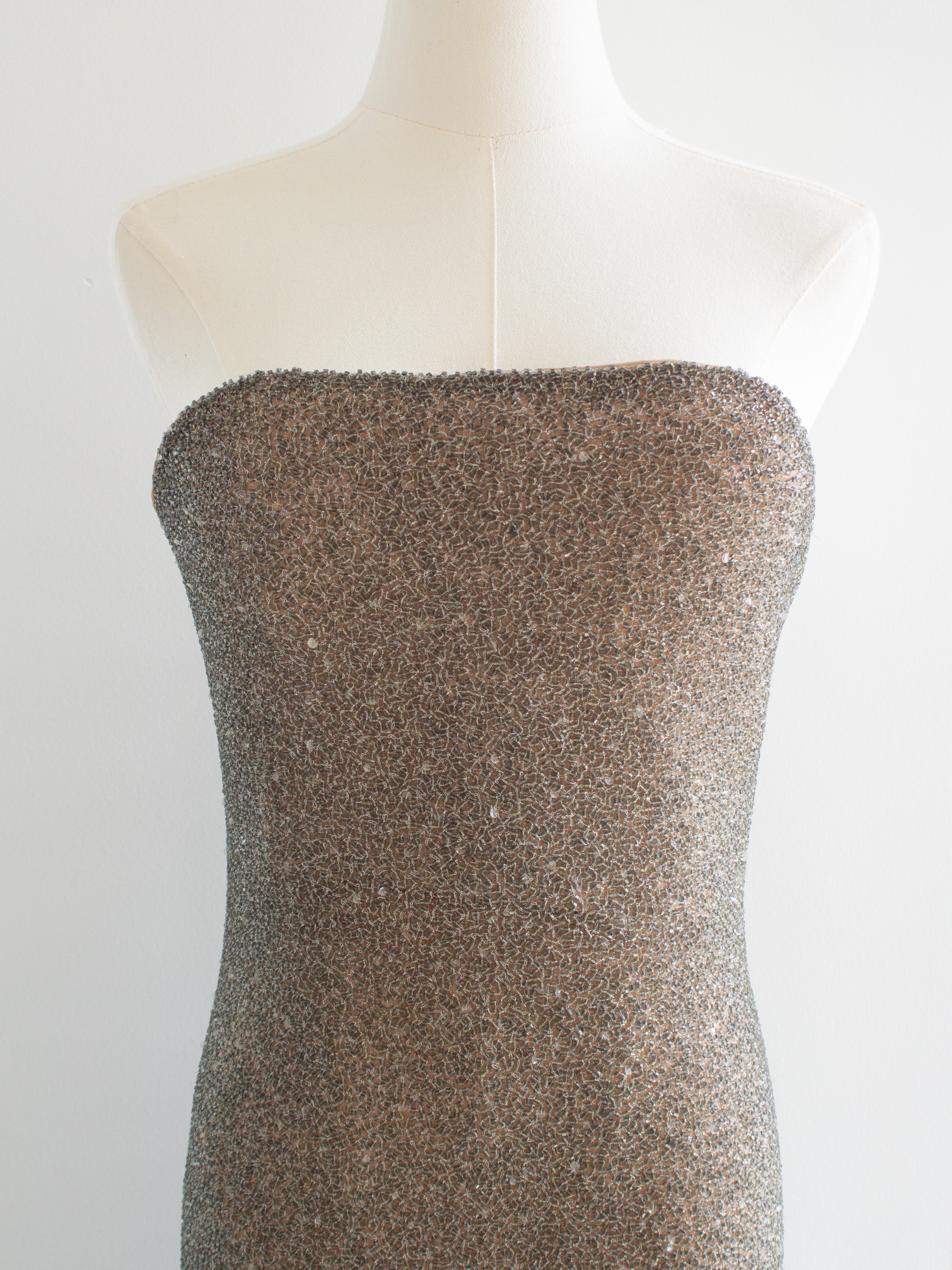 Halston Vintage F/W 1997 Crystal Sequin Beaded Silver Nude Dress Gown