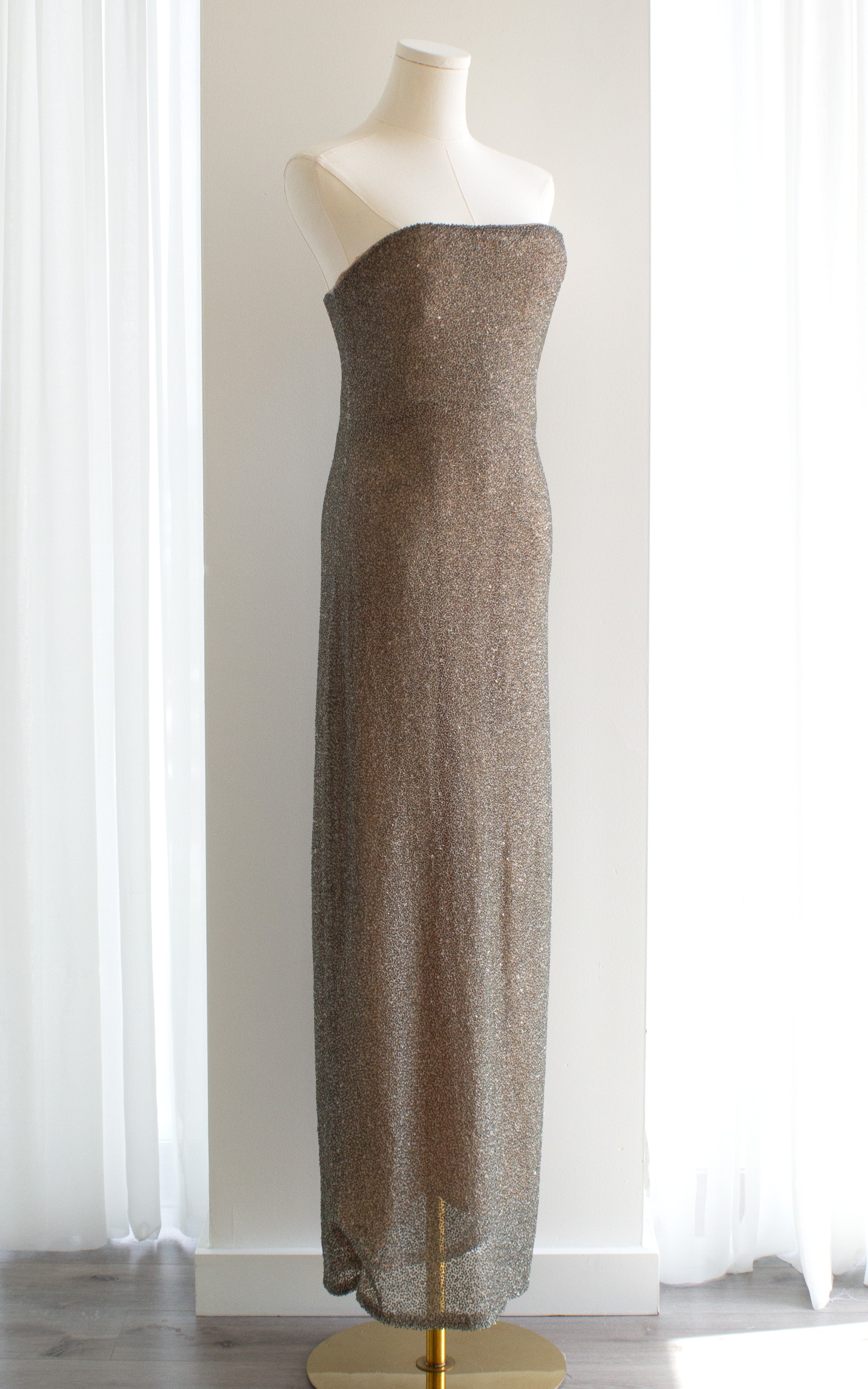 Halston Vintage F/W 1997 Crystal Sequin Beaded Silver Nude Dress Gown