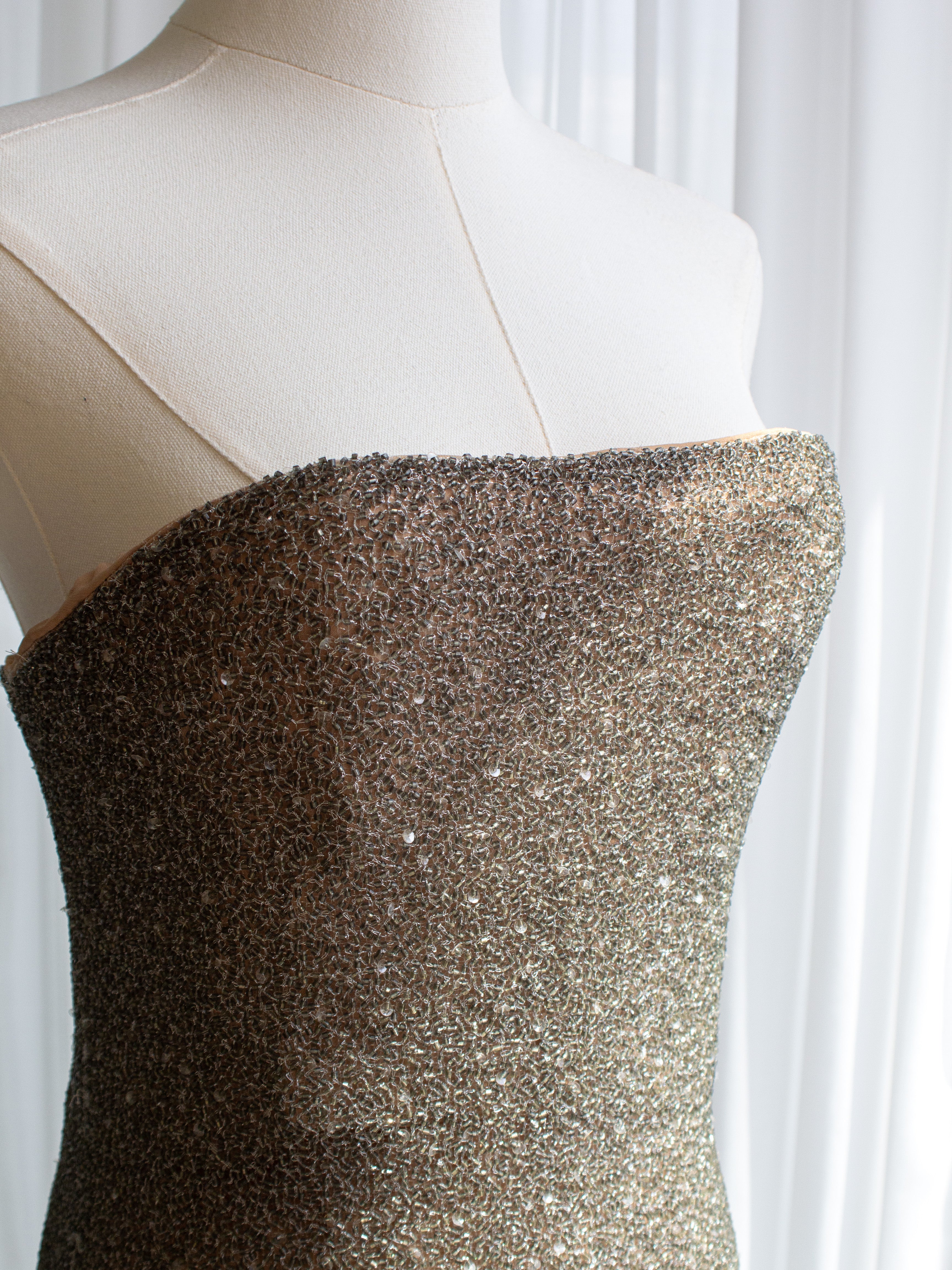 Halston Vintage F/W 1997 Crystal Sequin Beaded Silver Nude Dress Gown