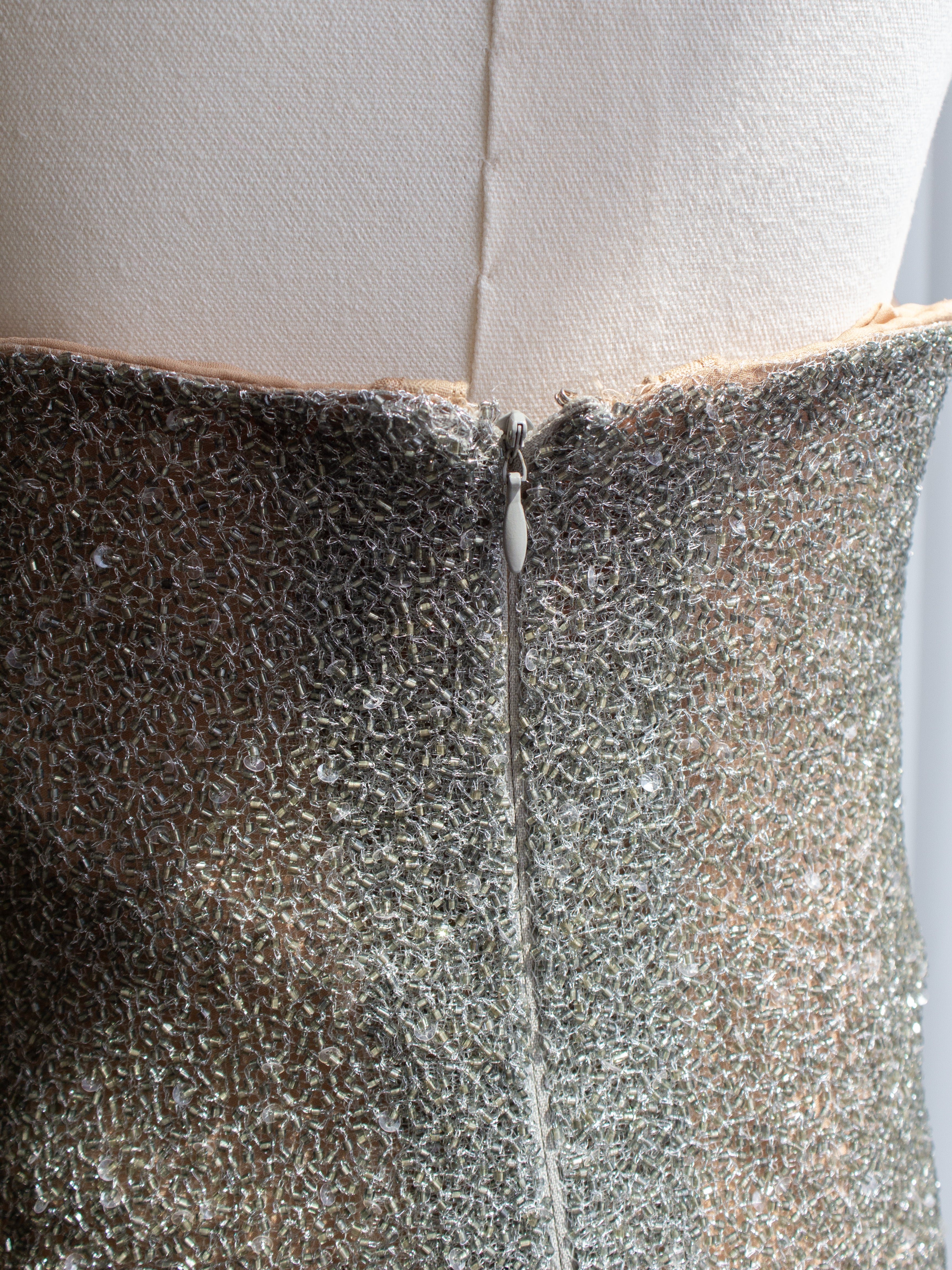 Halston Vintage F/W 1997 Crystal Sequin Beaded Silver Nude Dress Gown