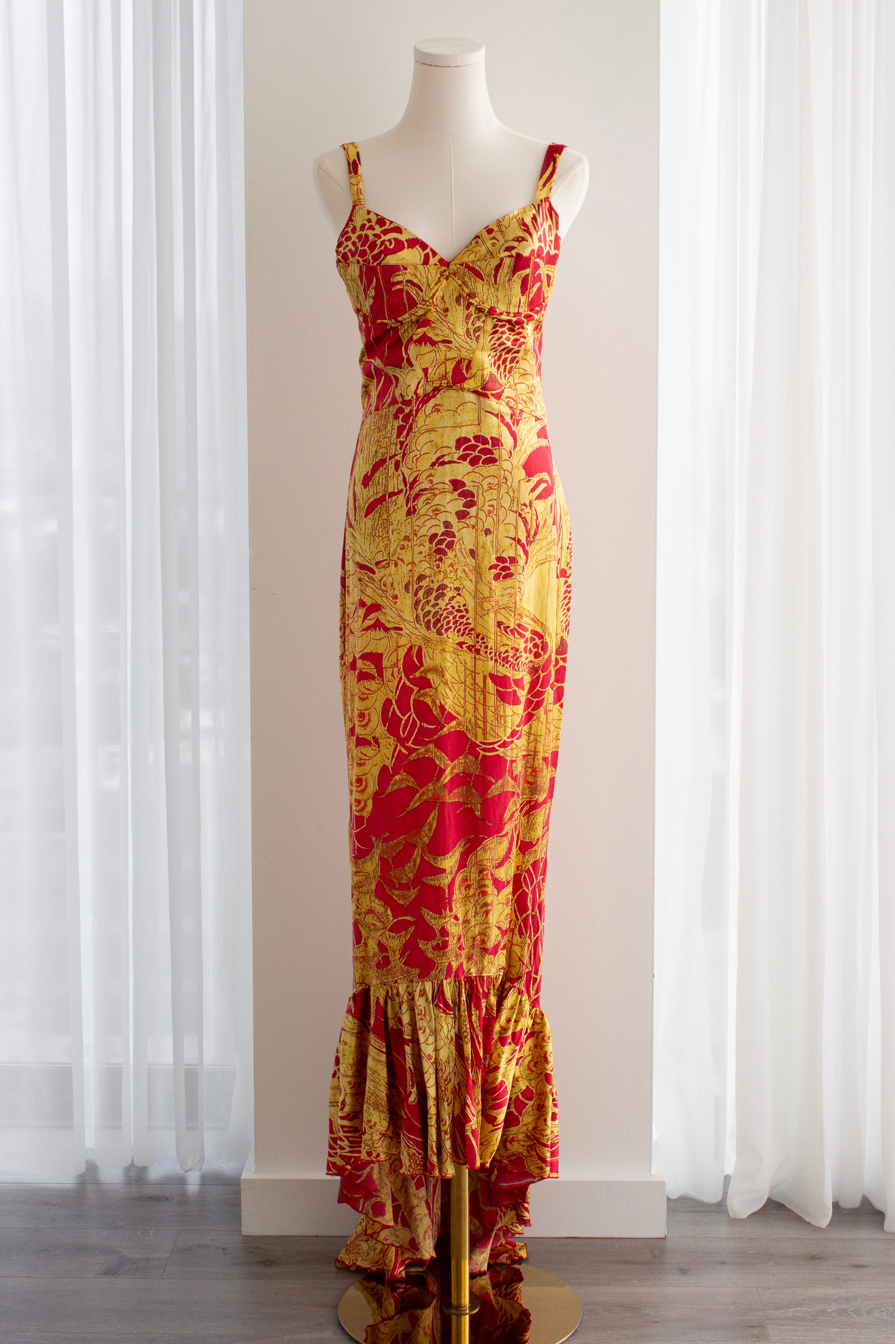 Just Cavalli Red & Gold Silk Oriental Japanese Print Maxi Dress
