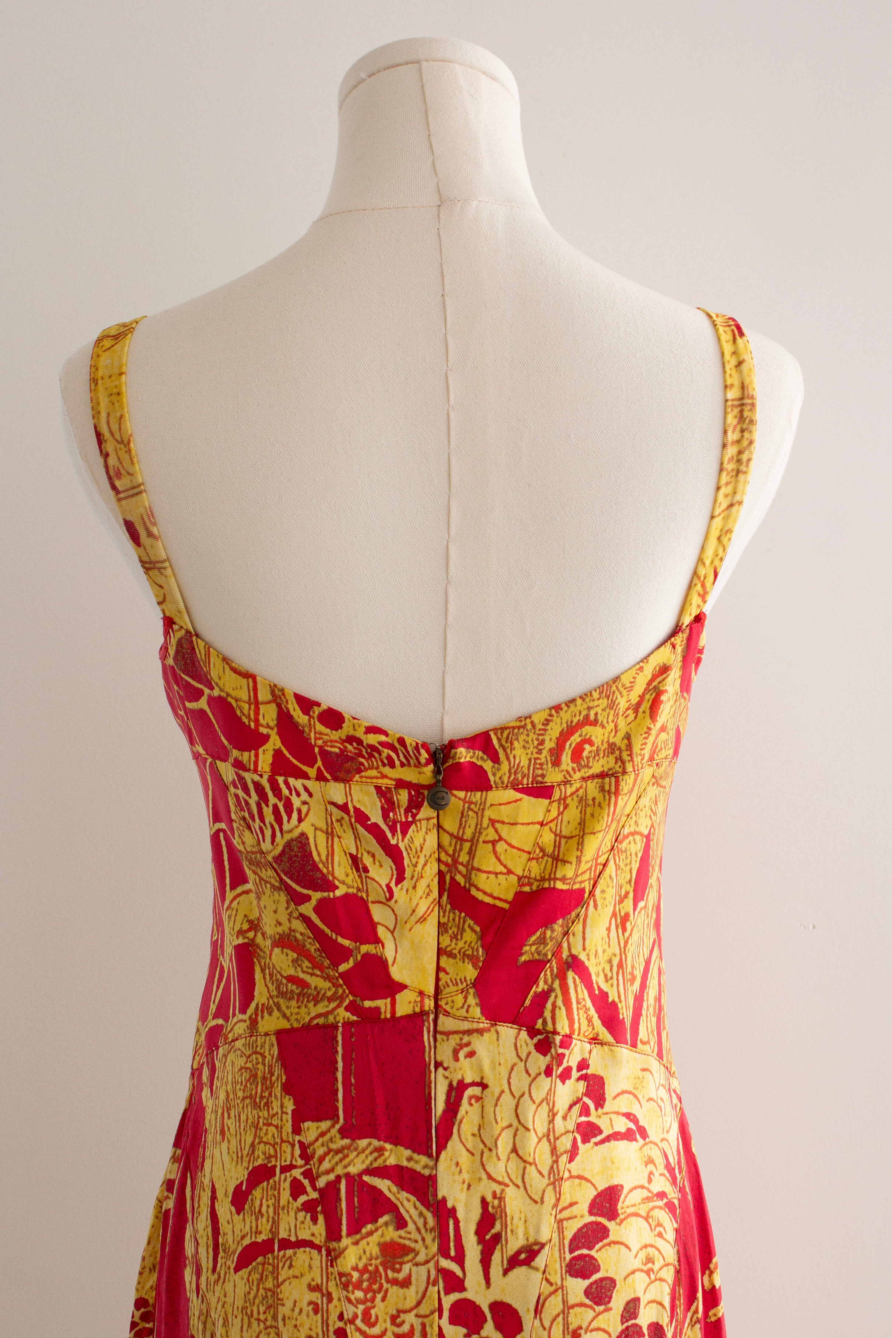 Just Cavalli Red & Gold Silk Oriental Japanese Print Maxi Dress