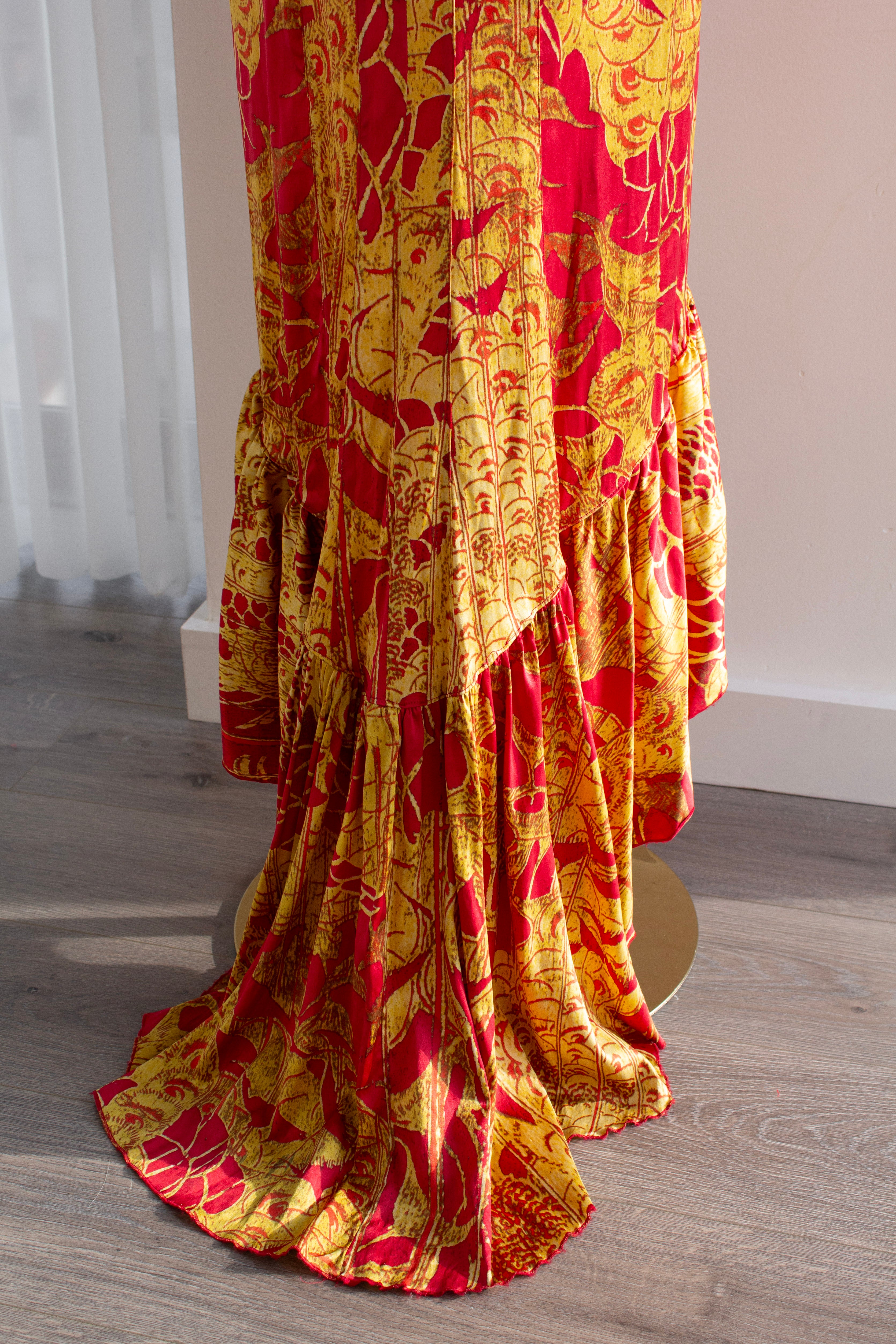 Just Cavalli Red & Gold Silk Oriental Japanese Print Maxi Dress
