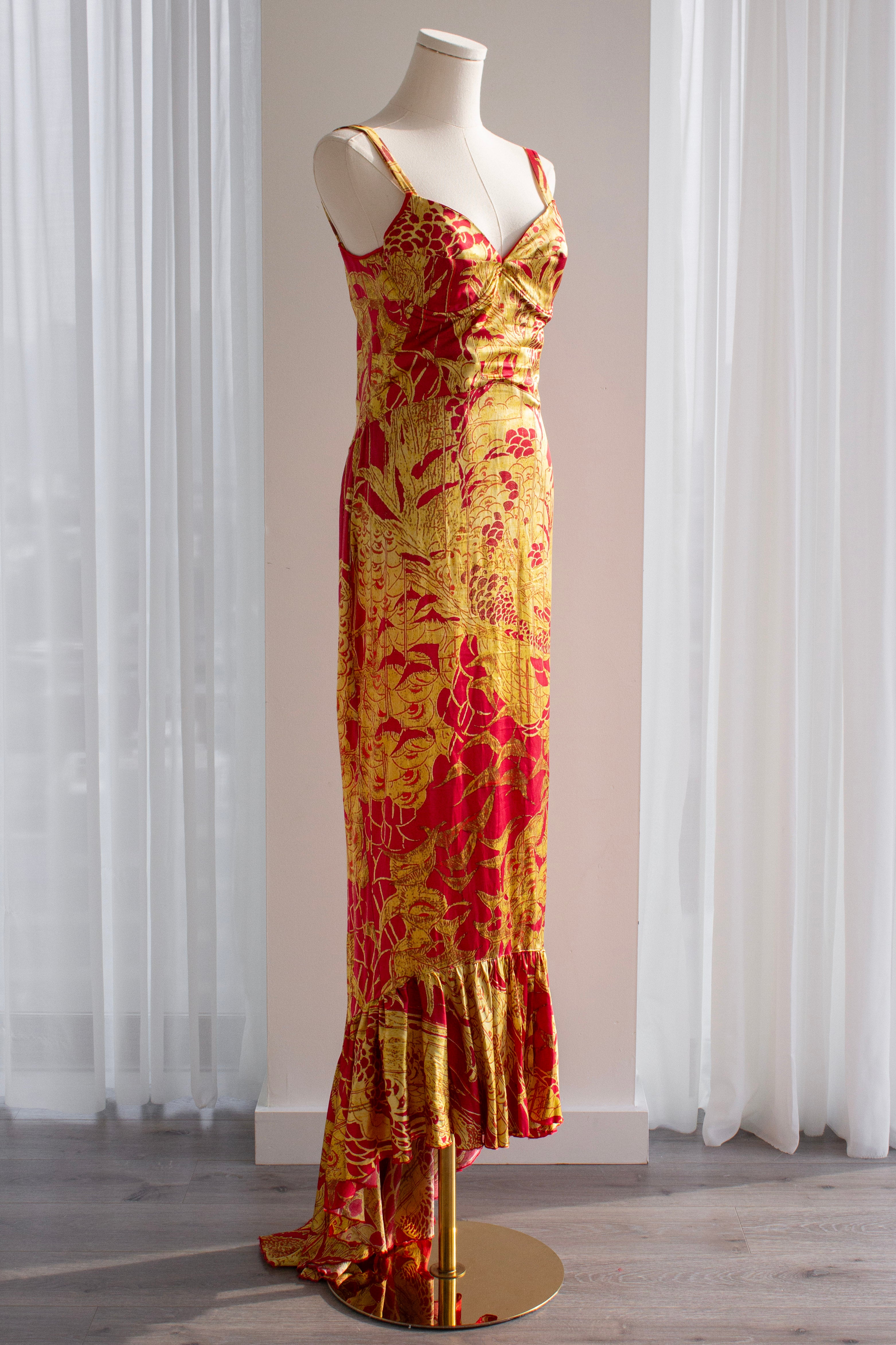 Just Cavalli Red & Gold Silk Oriental Japanese Print Maxi Dress