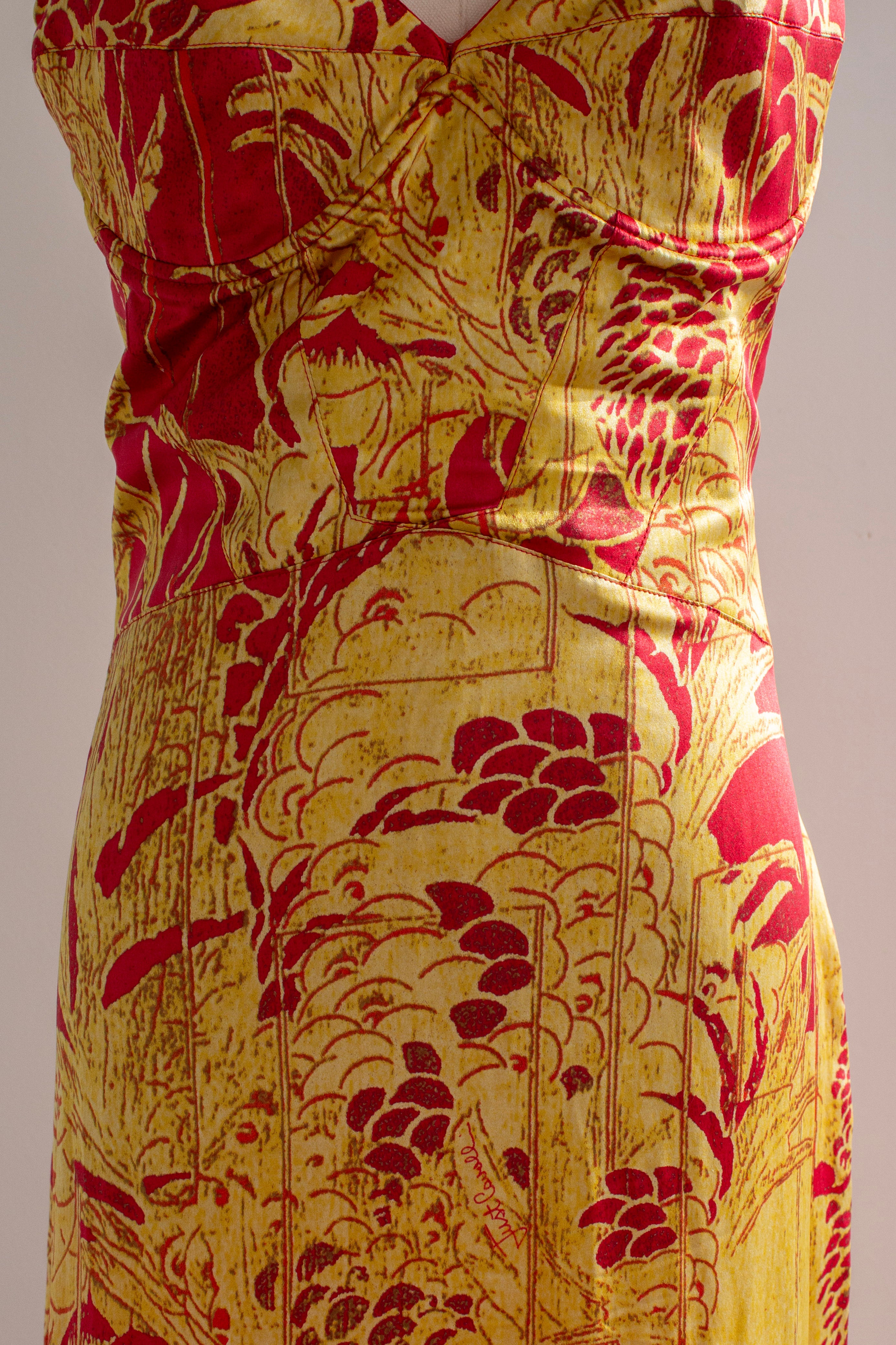 Just Cavalli Red & Gold Silk Oriental Japanese Print Maxi Dress