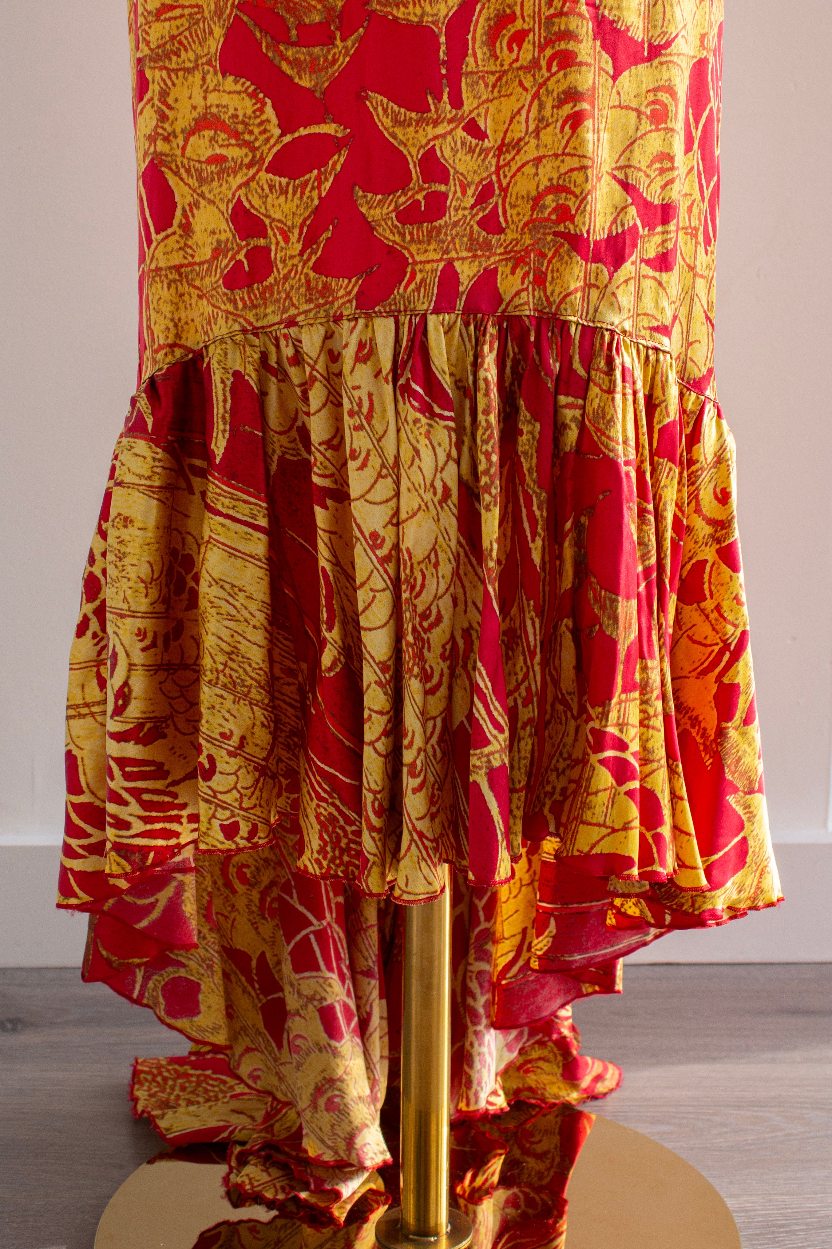 Just Cavalli Red & Gold Silk Oriental Japanese Print Maxi Dress