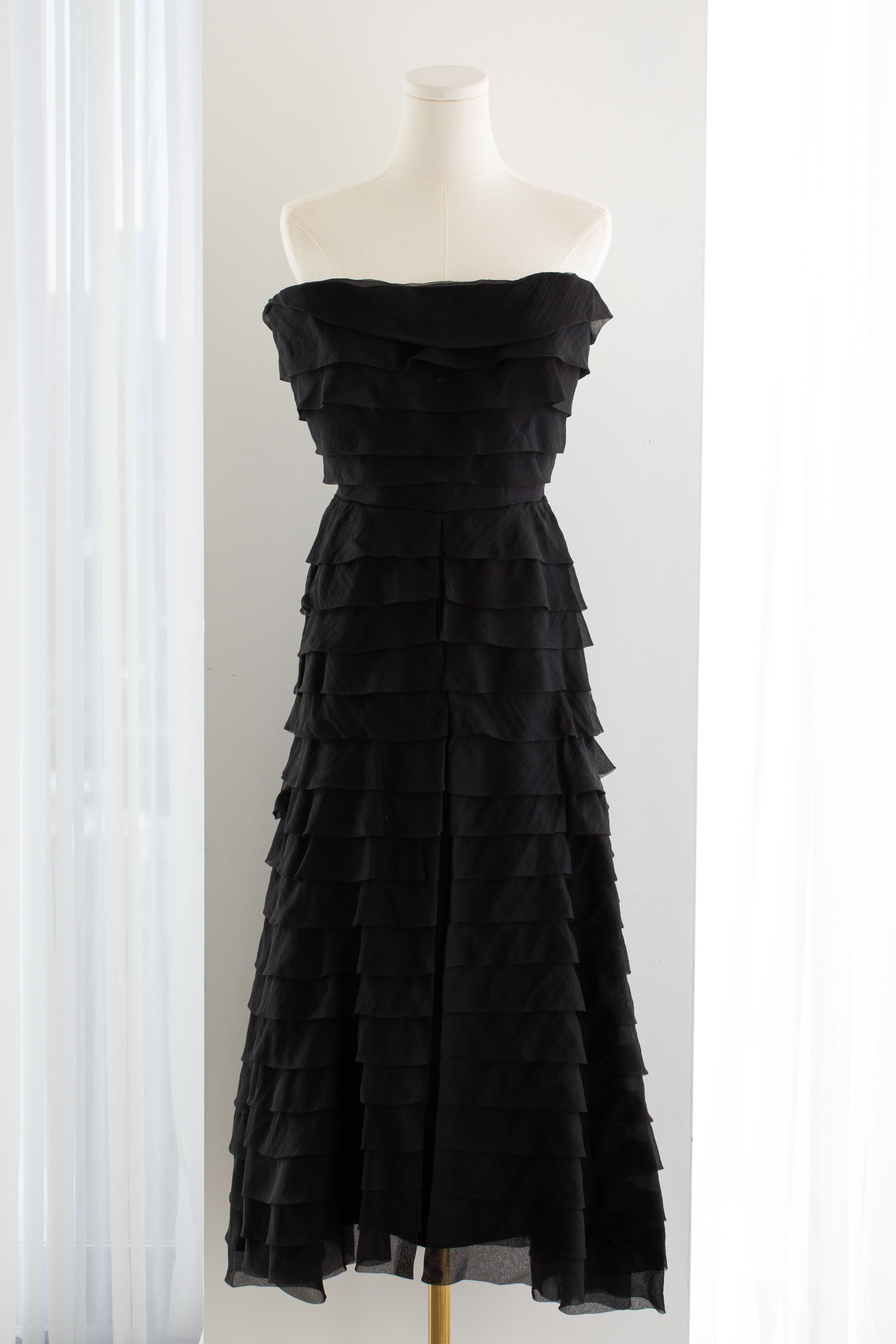 Nina Ricci 1940s Haute Couture Black Tiered Ruffle Strapless Evening Dress