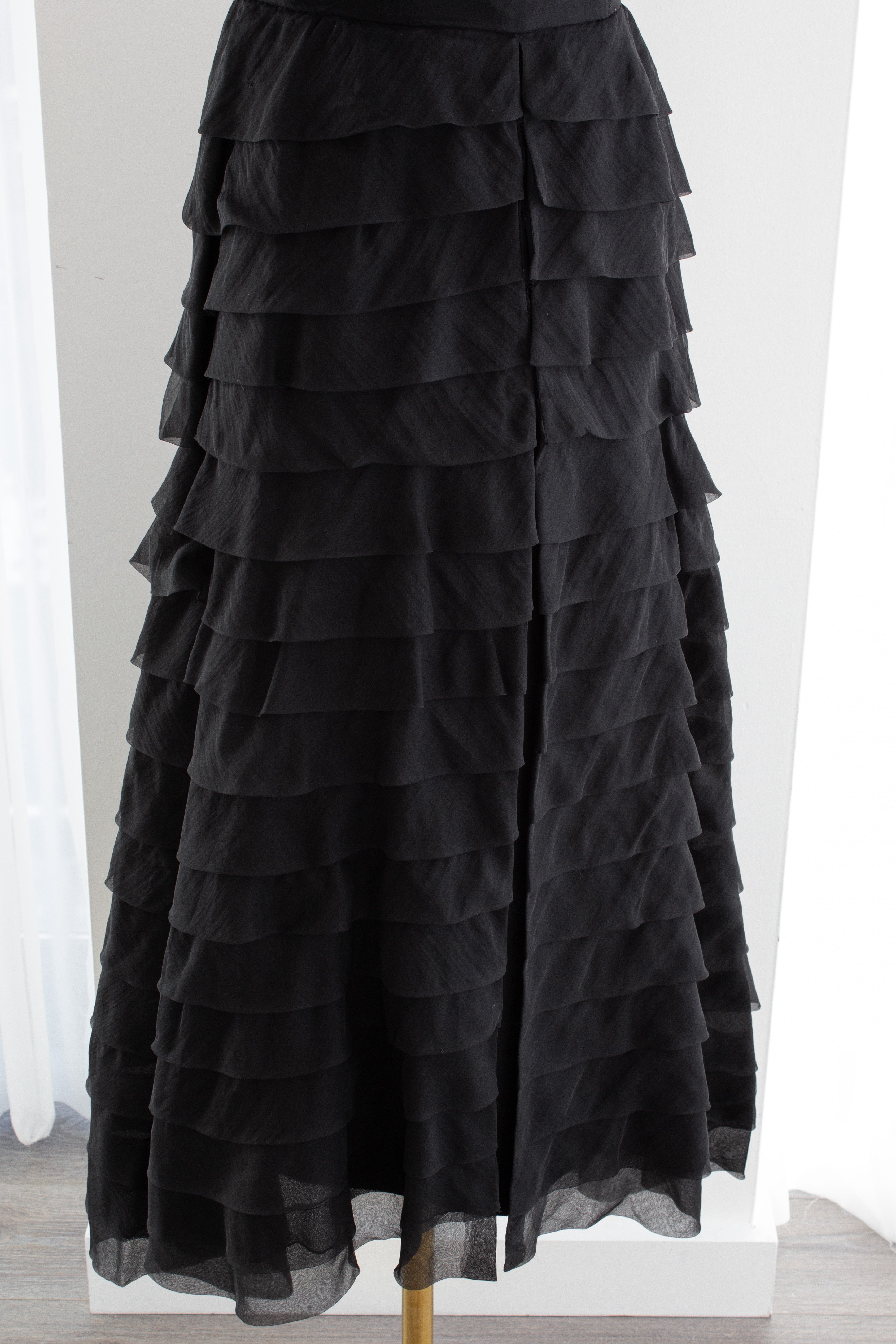 Nina Ricci 1940s Haute Couture Black Tiered Ruffle Strapless Evening Dress