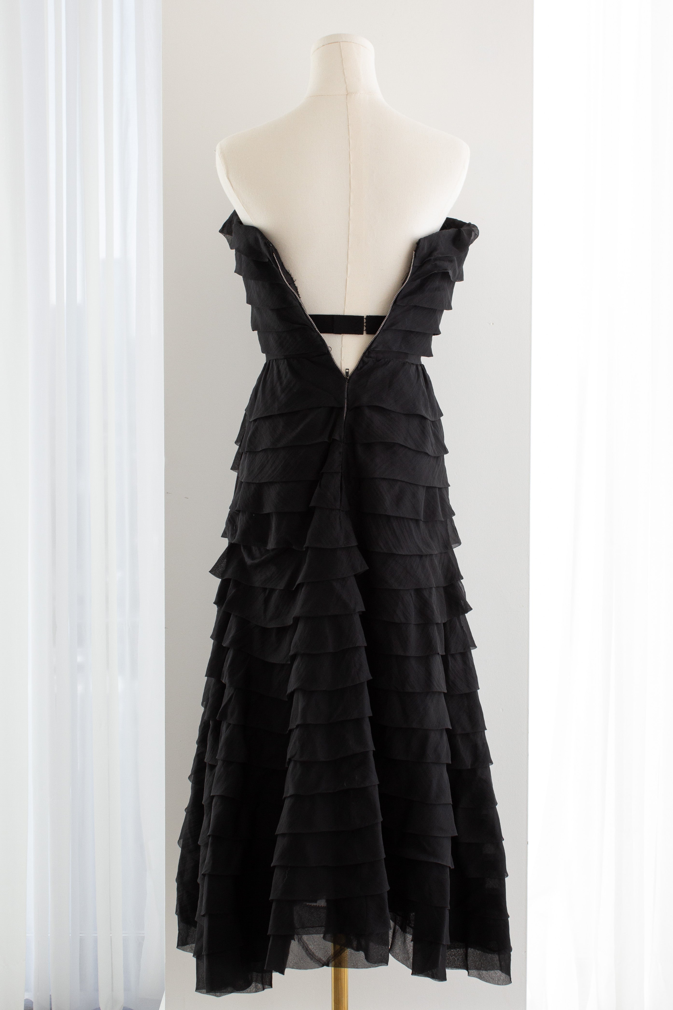 Nina Ricci 1940s Haute Couture Black Tiered Ruffle Strapless Evening Dress